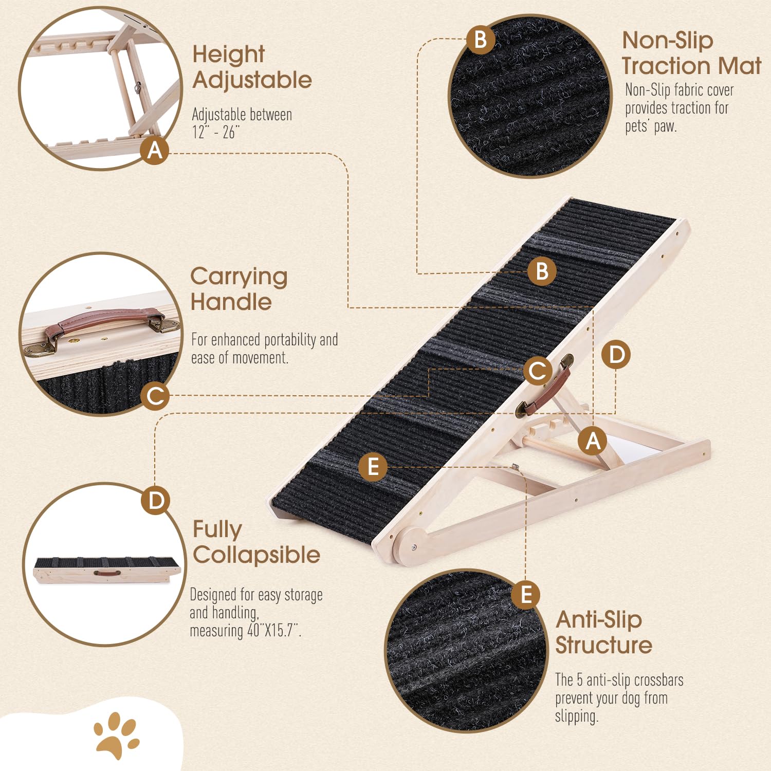 Sweetbin Wooden Adjustable Pet Ramp For All Dogs And Cats - Non Slip Carpet Surface And Foot Pads - 40' Long And Adjustable From 12” To 26” - Up To 200Lbs - Folding Dog Car Ramps For Suv, Bed, Couch