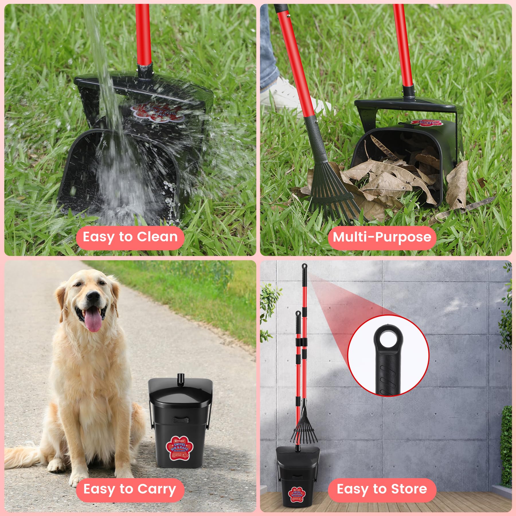 Ormalla Pooper Scooper Swivel Bin and Rake with 60 Waste Bags, Heavy Duty Dog Poop Scooper for Large Medium Small Dogs, Long Sta