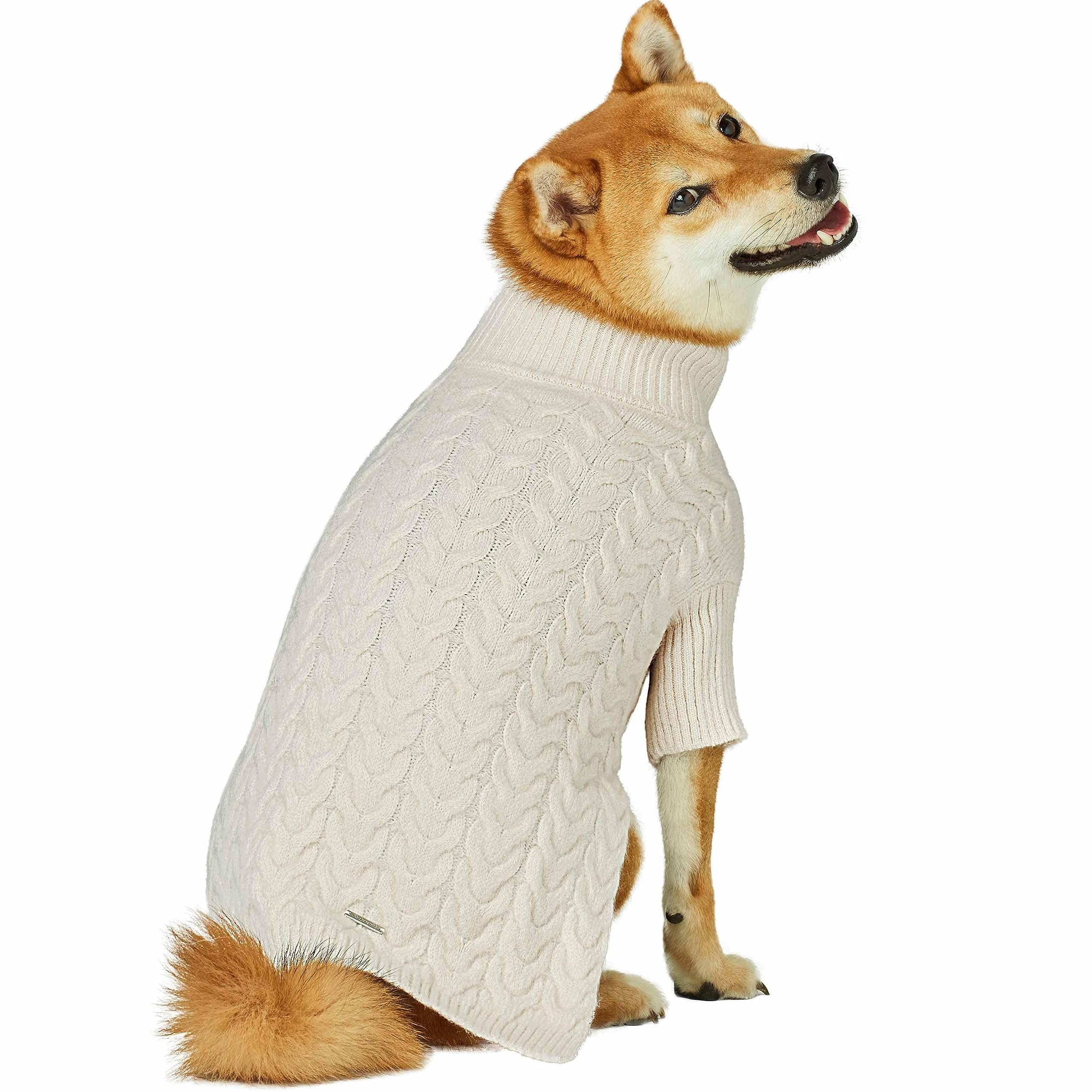 Blueberry Pet Classic Fuzzy Textured Knit Pullover Turtle-Neck Dog Sweater In Ivory, Back Length 14'', Pack Of 1 Clothes For Dog