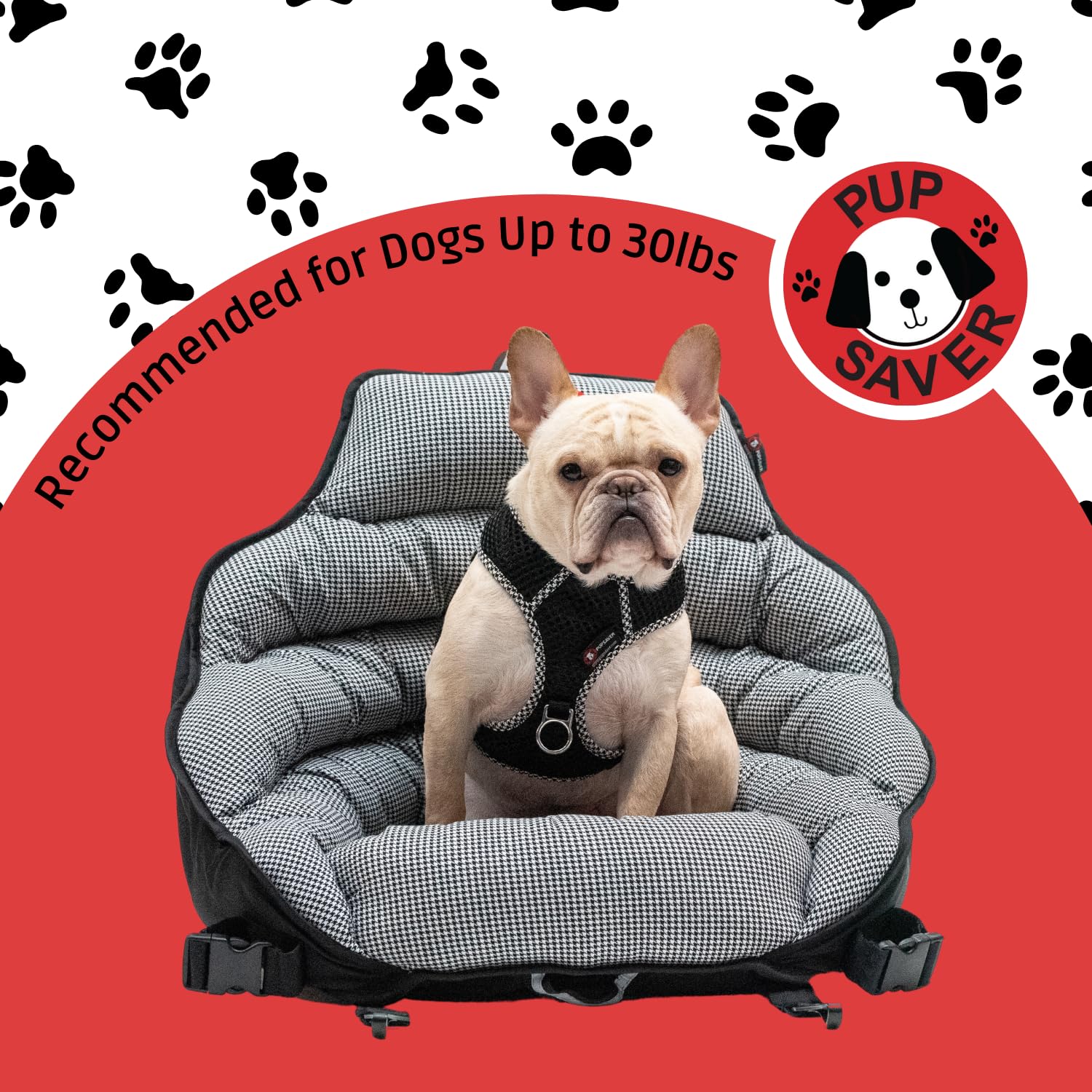 Pupsaver Dog Car Seats For Small And Medium Dogs | Travel Booster Pet Seat |Crash-Tested Dog Bed For Cars | Compatible With Seat Belt Harness | Ideal For Dogs Up To 30Lbs | (Black White Houndstooth)