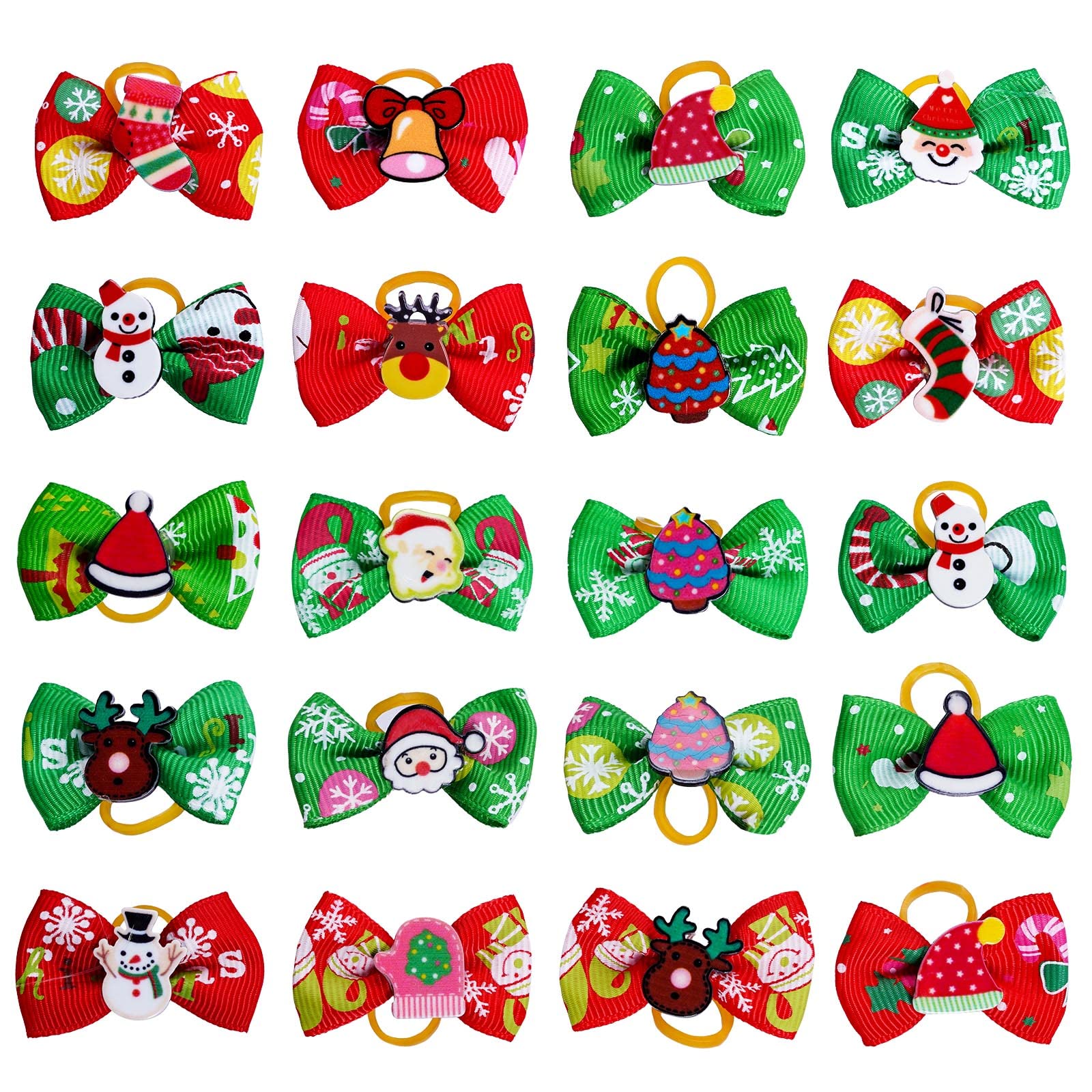 Tongcloud 20Pcs Pets Dog Hair Bows For Christmas With Rubber Bands Dog Bows Bowknot Snowman Christmas Dog Bows Snowman Dog Bows(Red And Green, Christmas Style)