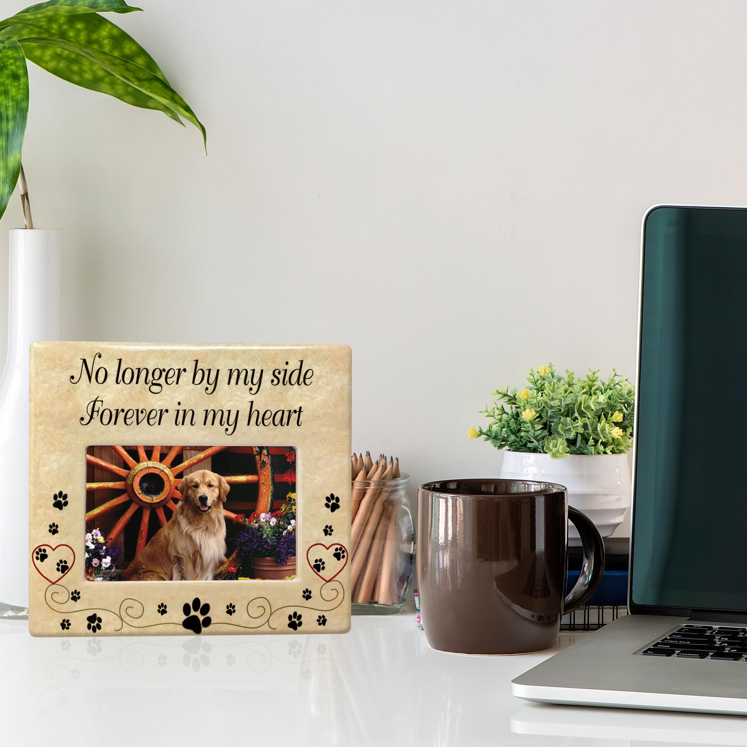 BANBERRY DESIGNS Pet Memorial Ceramic Picture Frame - No Longer By My Side Forever in My Heart - Pet Loss Gifts - Pet Photo Fram
