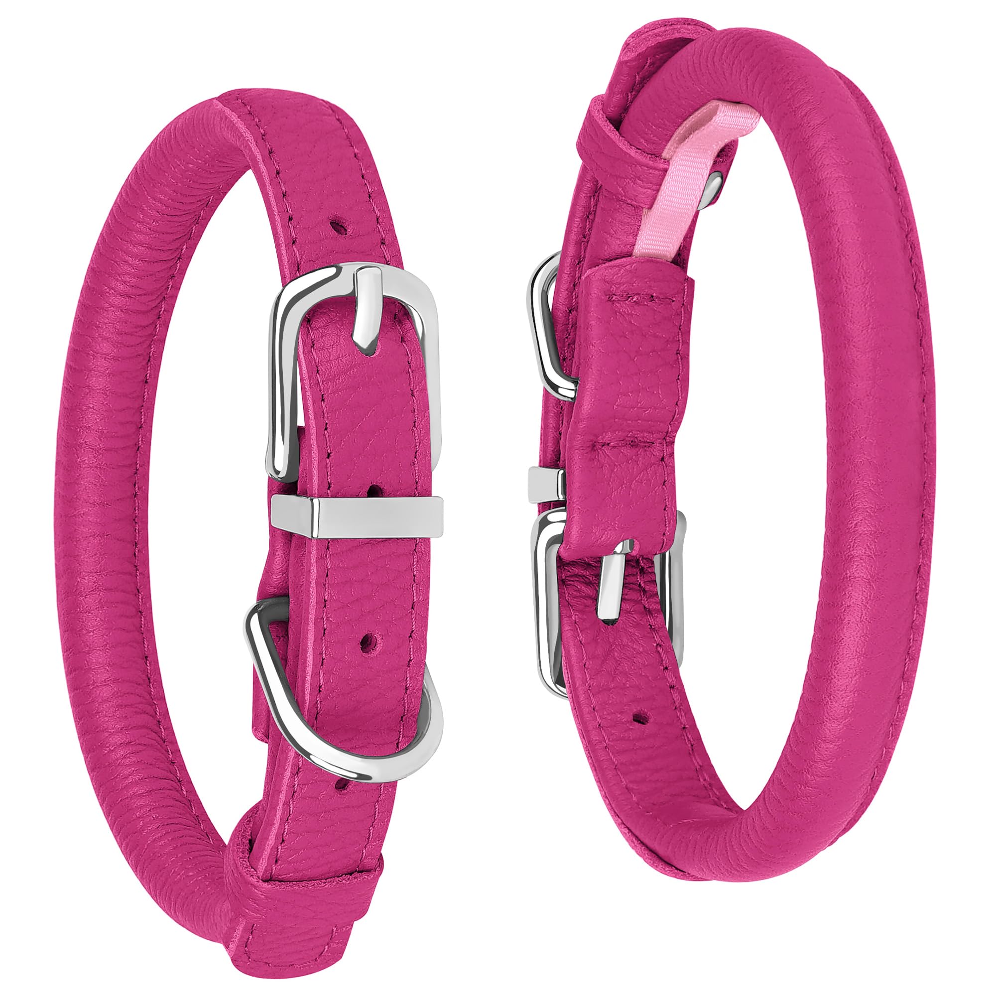 Oopsdoggy Rolled Leather Dog Collar Soft Roll Collars For Small Medium Large Dogs Puppy (Pink, M, 12''-15'')