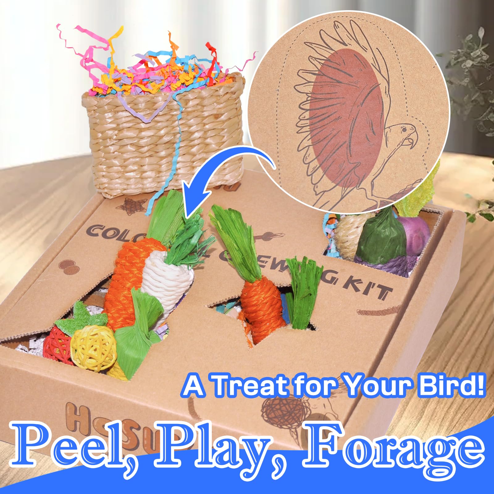 HOSUKU Colorful Bird Foraging & Parrot Shredding Toys Box - Safe Fruit & Vegetable Bird Toys, Perfect for Parakeets, Cockatiels,