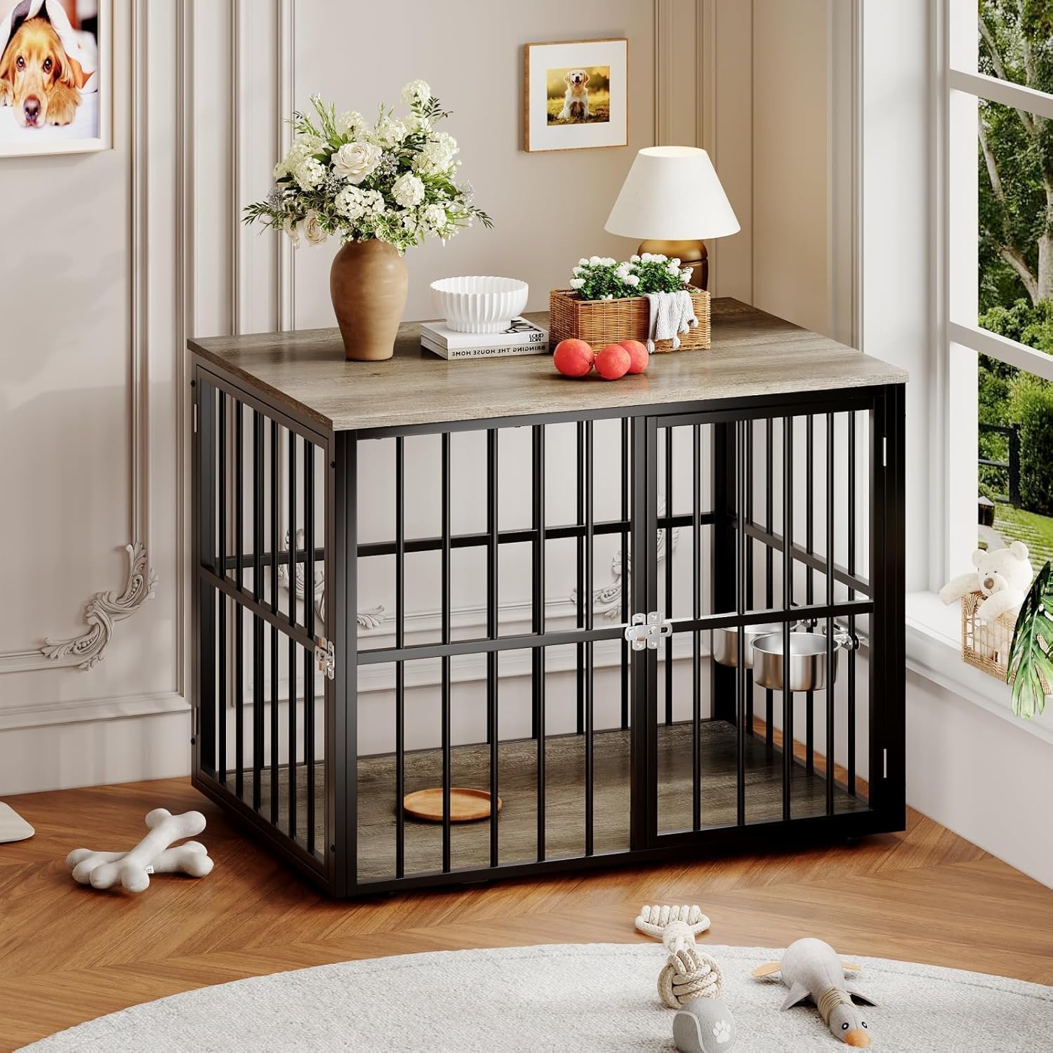 GarveeLife 43 Inch Indoor Wooden Dog Crate Side Table, Furniture Style Pet Cage with Double-Door Access and Adjustable Food Bowl