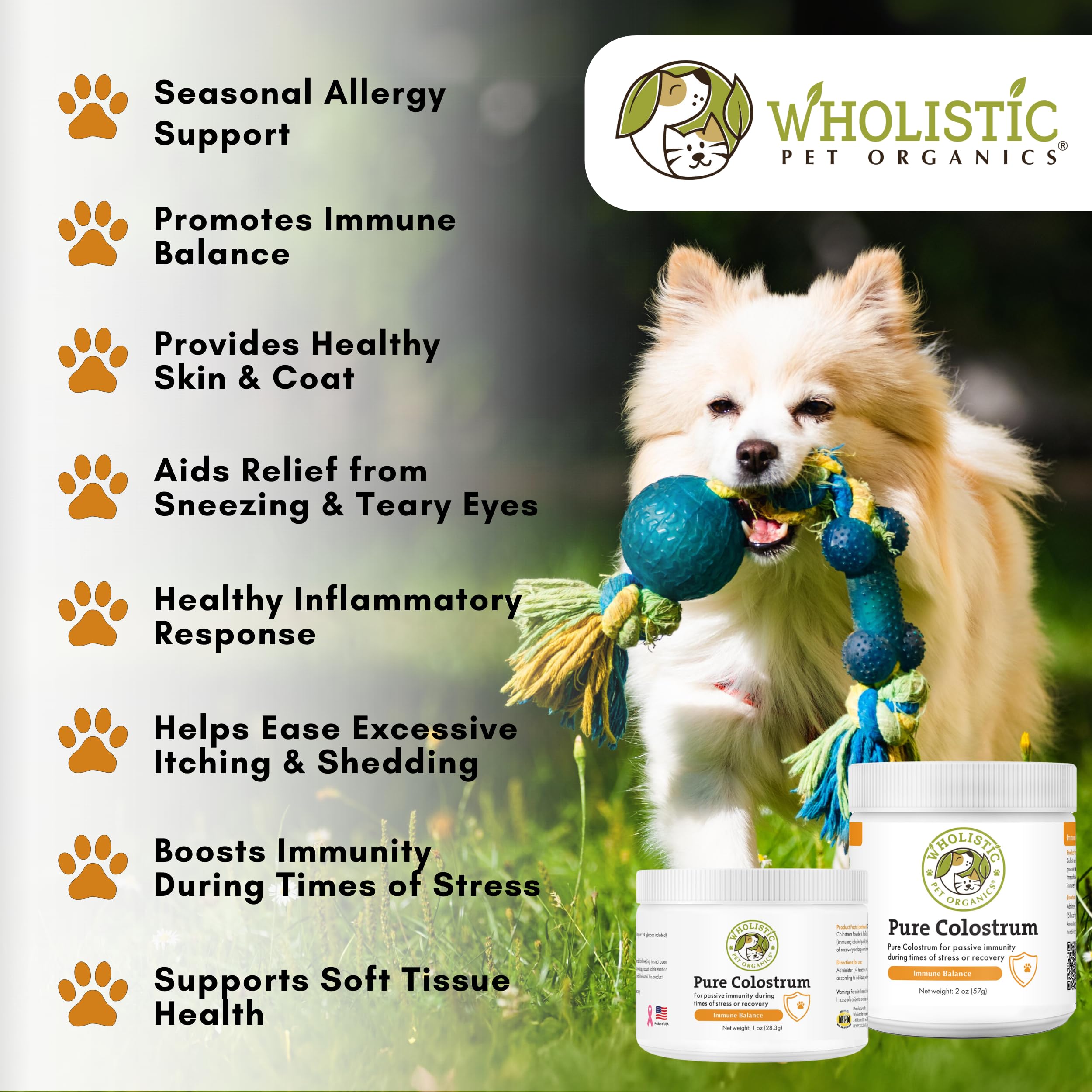 Wholistic Pet Organics Pure Colostrum - 1 Oz - Dog Allergy Relief & Itchy Skin Treatment, Senior Dog Supplements & Immune Suppor