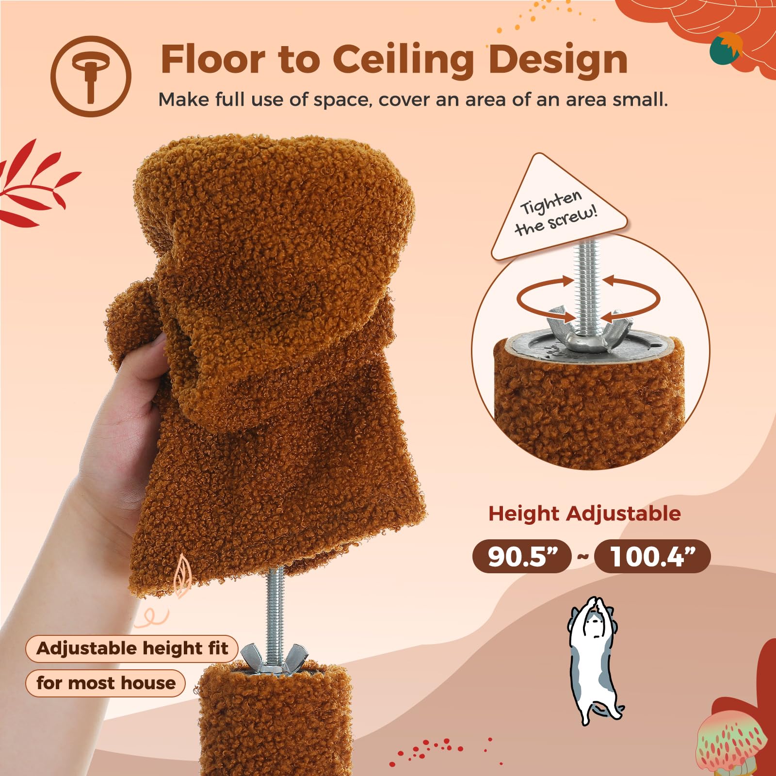Pequlti Mushroom Cat Tree Floor To Ceiling Cat Tower Adjustable Height (90.5''-100.4'' = 230Cm-252Cm) With Cat Condo, Cozy Hammo