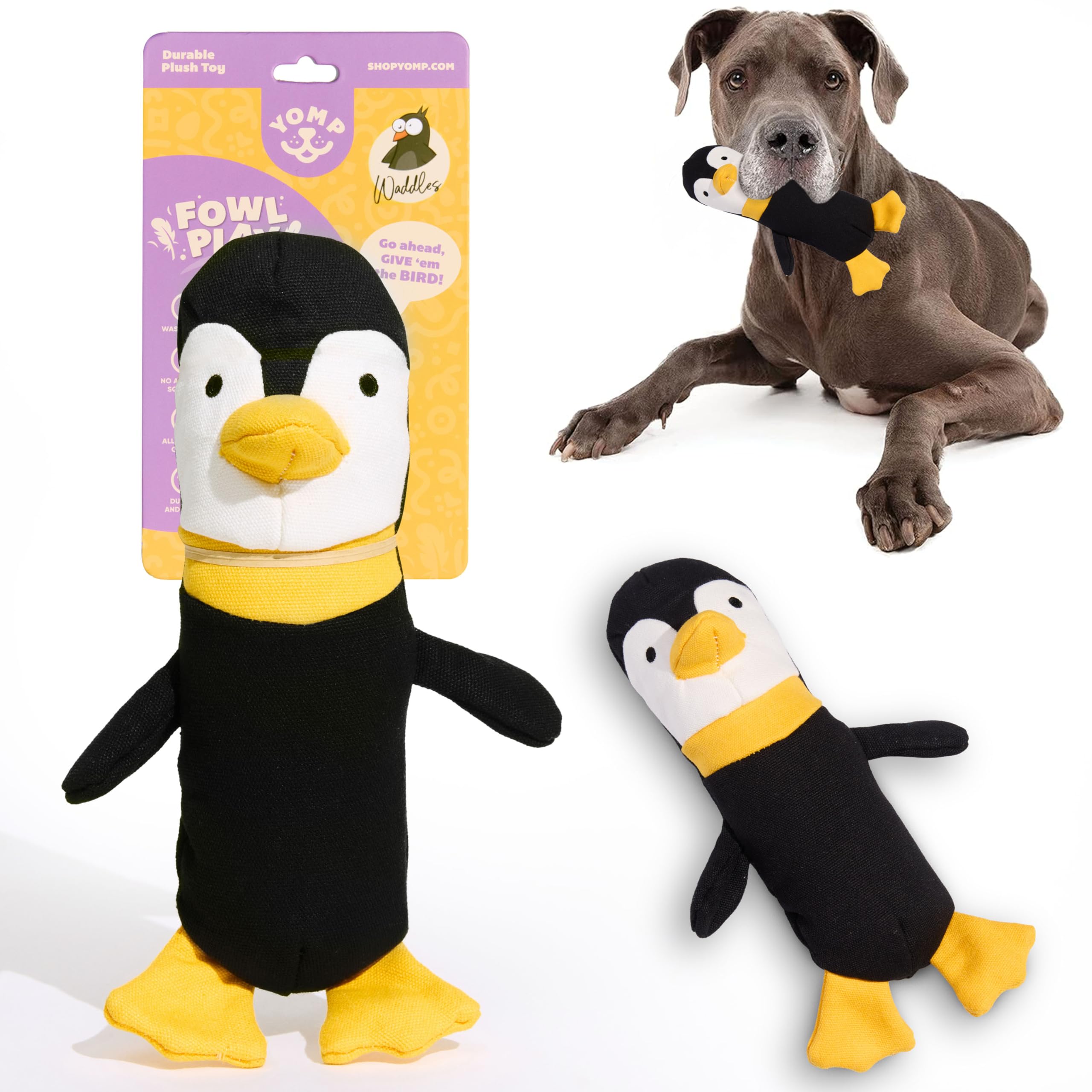 Yomp Penguin Dog Toy - Durable Plush Chew Toy With Natural Canvas And Crinkle Paper - Interactive Stuffed Animal For Dogs (Waddl