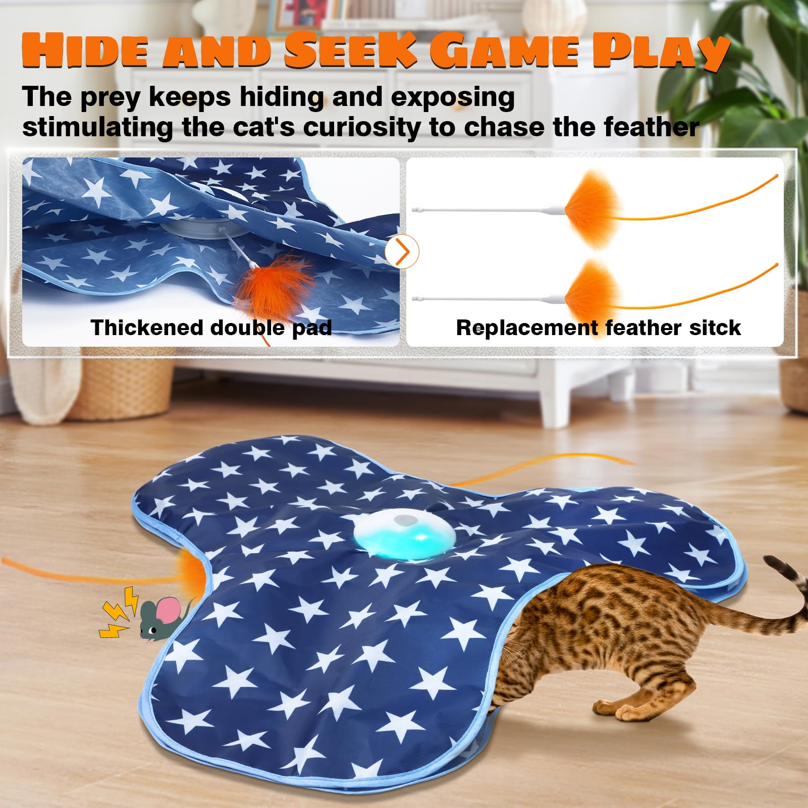 Oxawo Cat Toys Interactive Hide and Seek with Chirping, Motion Activated Cat Exercise Catching Game Moving Concealed Feathers Hi