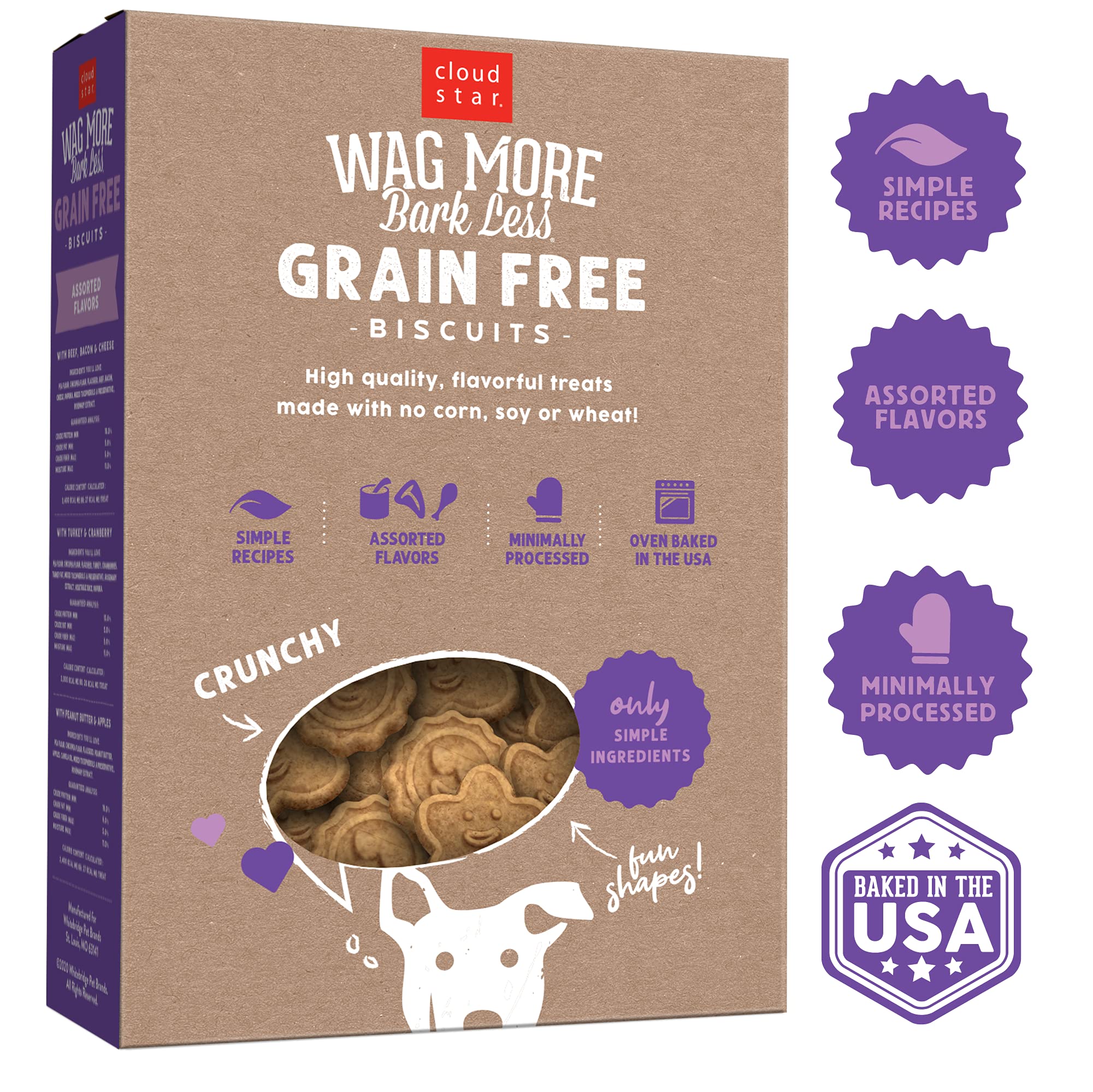 Cloud Star Wag More Bark Less - Dog Treats - Crunchy Biscuits - Grain Free Assorted Flavors - 14 oz Box