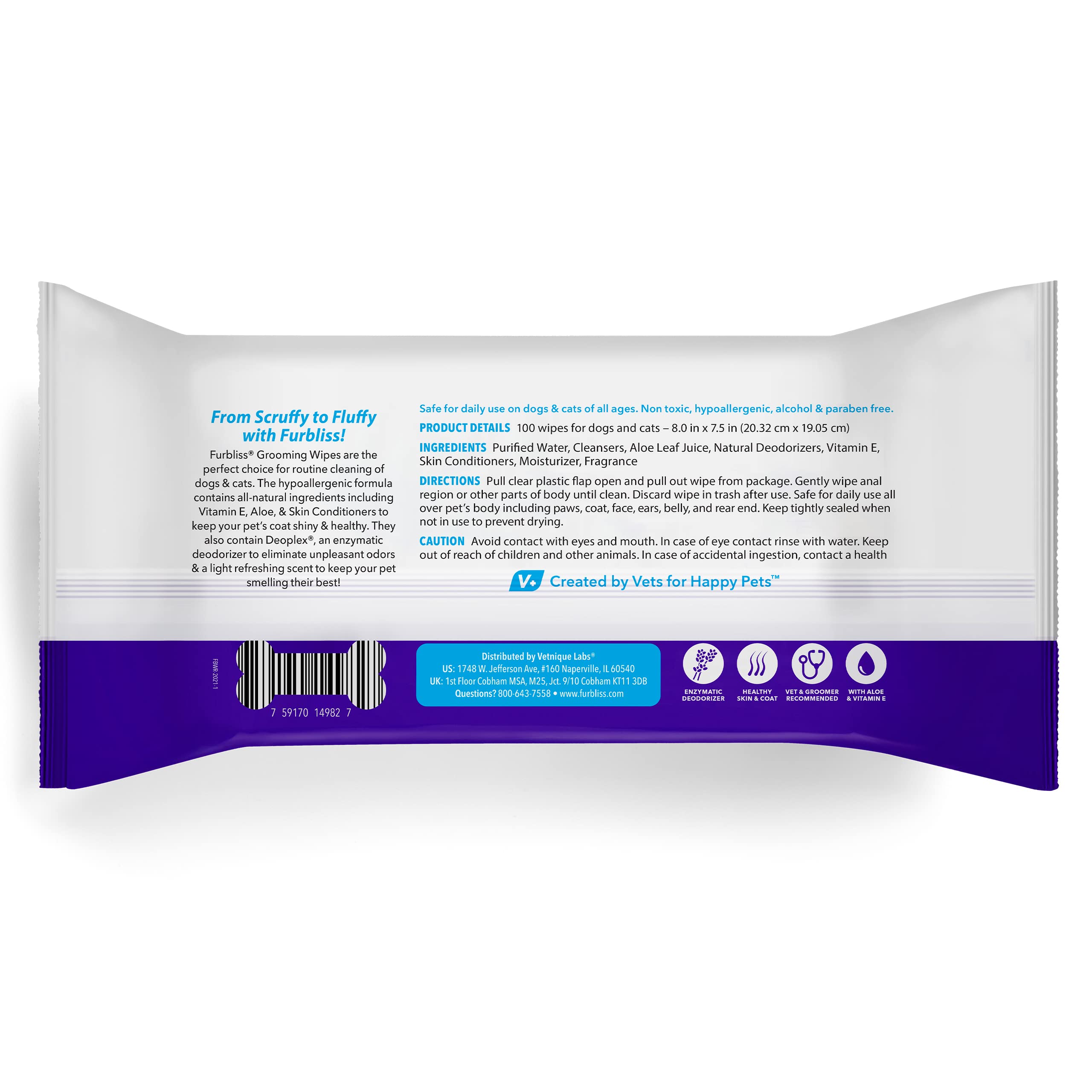 Vetnique Labs Furbliss Hygienic Pet Wipes For Dogs & Cats, Cleansing Grooming & Deodorizing Hypoallergenic Thick Wipes With All