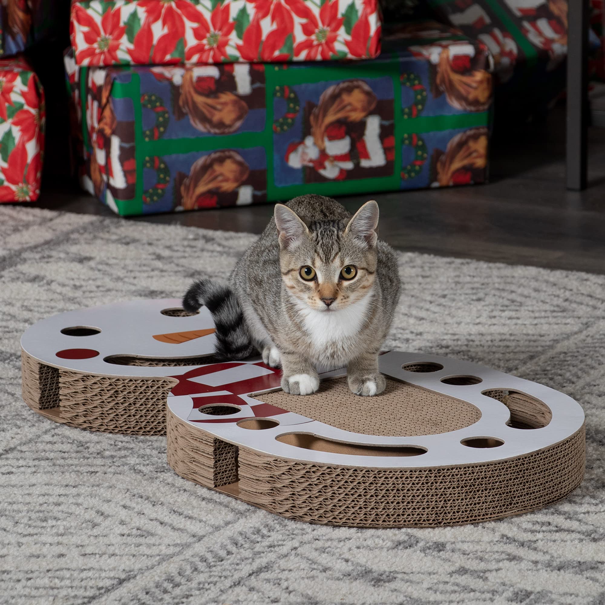 Furhaven Scratching Pad Ball Track Cat Toy W/ Catnip For Indoor Cats - Giant Snow Man Holiday Corrugated Busy Box Scratcher - White, One Size