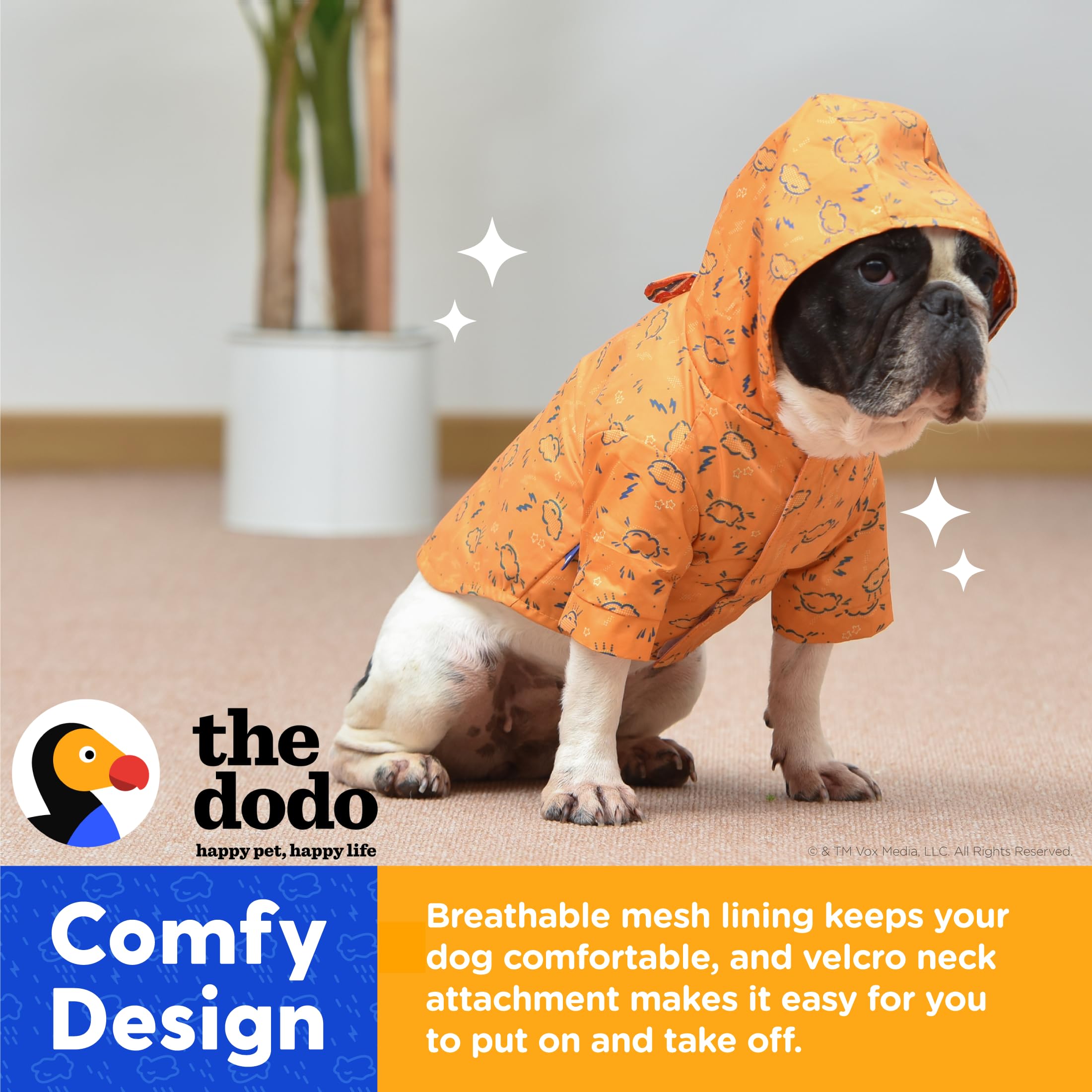 The Dodo Rainy Days Printed Raincoat for Dogs, Orange, Size Medium; Water Resistant Dog Raincoat with Hook-and-Loop Drape Closur