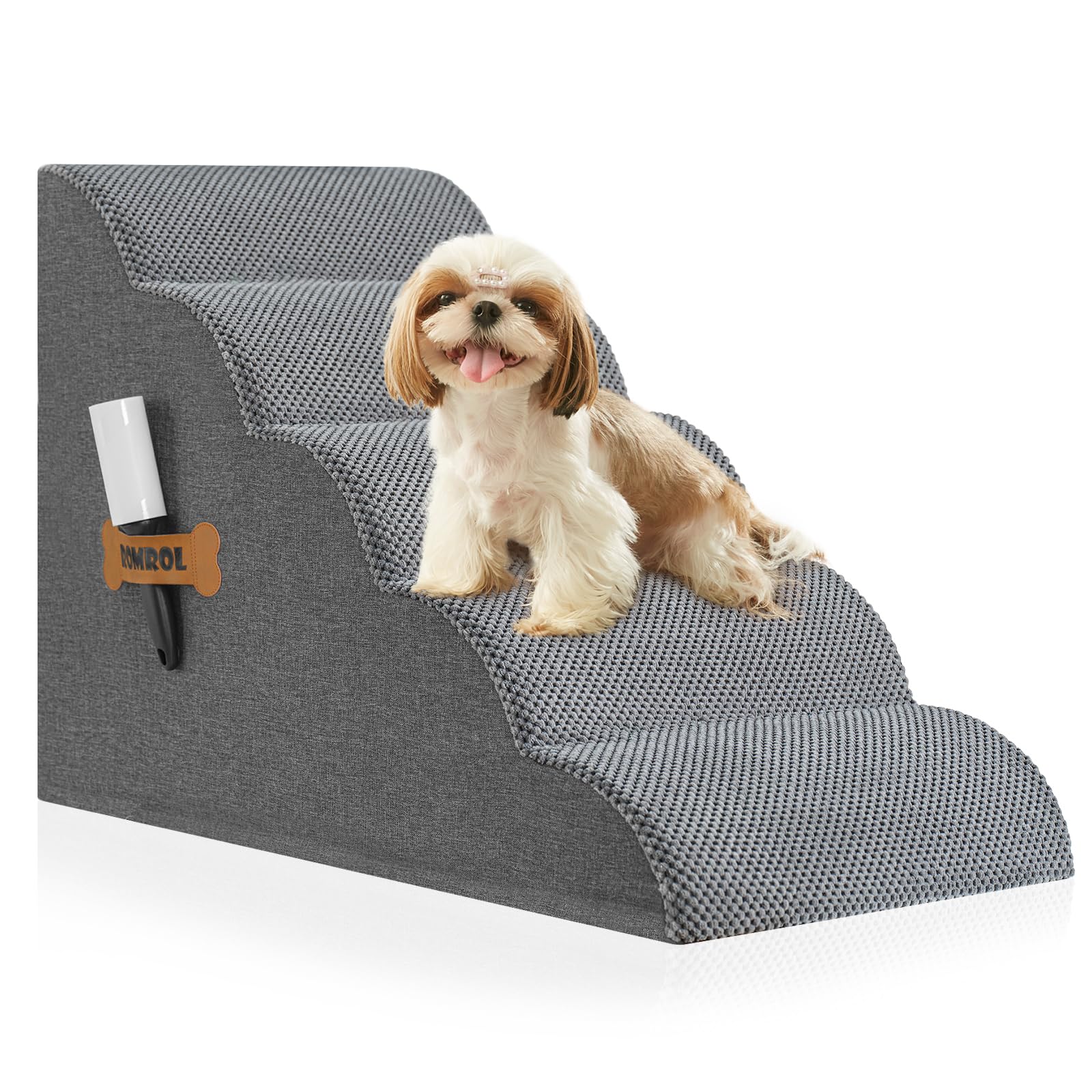Romrol Dog Stairs Ramp For Small Dogs, Pet Stairs Steps With Durable Non-Slip Waterproof Fabric Cover, Dog Slope Stairs To Bed For Small Dogs And Cats Or Pets Joints, 5-Steps, Grey