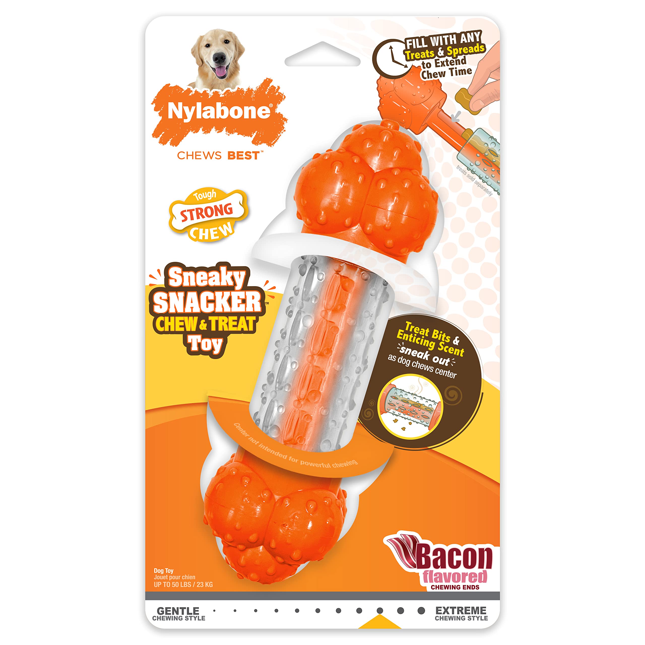 Nylabone Strong Chew Sneaky Snacker Treat Toy for Dogs, Interactive Dog Enrichment Chew Toys, Bacon Flavor, Large/Giant - Up to