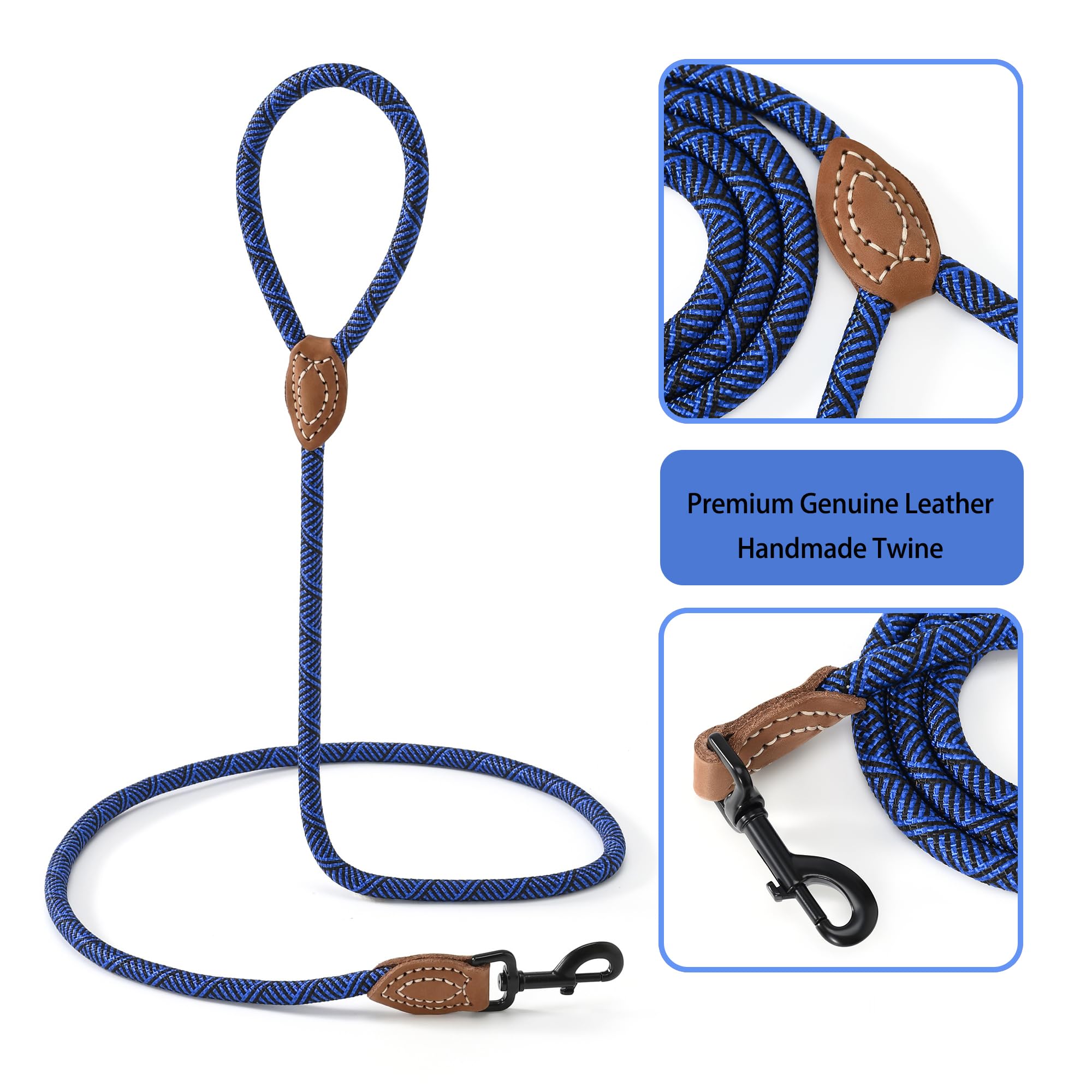 Mile High Life Rope Leash With Genuine Leather Connection, 6 Ft/5 Ft/4 Ft, Heavy Duty Leash For Medium & Large Dogs (Blue, 60 In