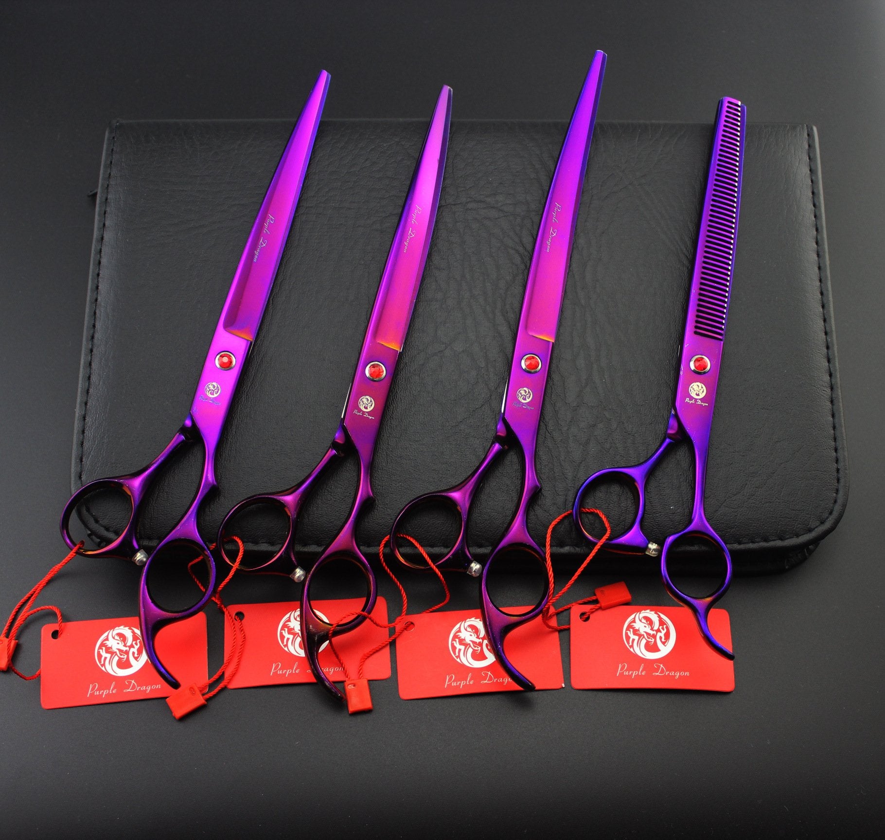 Purple Dragon 8.0 Inch Professional Pet Grooming Scissors,Dog Straight Shear, Thinning/Blending Scissor & 2 Pcs Curved Shear With Bag (Purple)