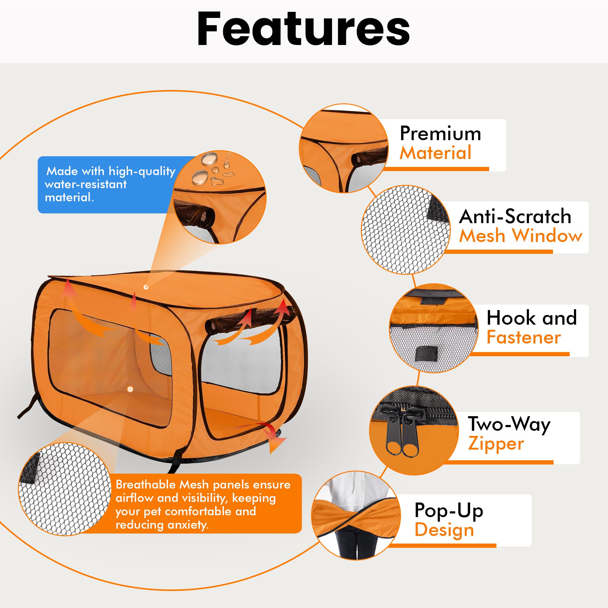 Beatrice Home Fashions Portable, Collapsible, Pop Up Kennel Travel Cat And Dog Crate, 40' L X 27' W X 27' H, Orange