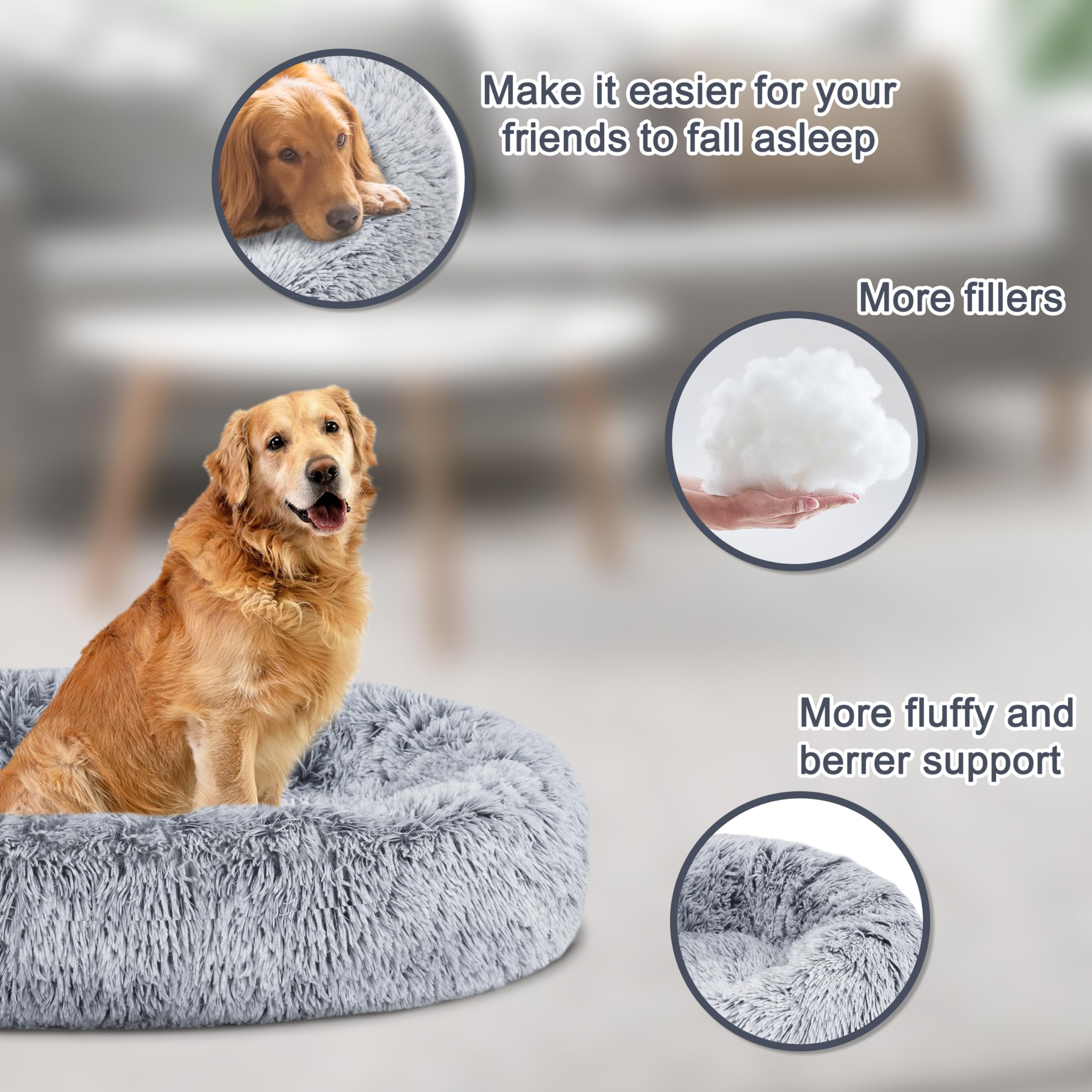 ELSKER&HOME Calming Donut Dog Bed, Washable Warming Soft Round 46 Inches for Large Dogs, Anti-Anxiety Fluffy Plush Cushion Fits