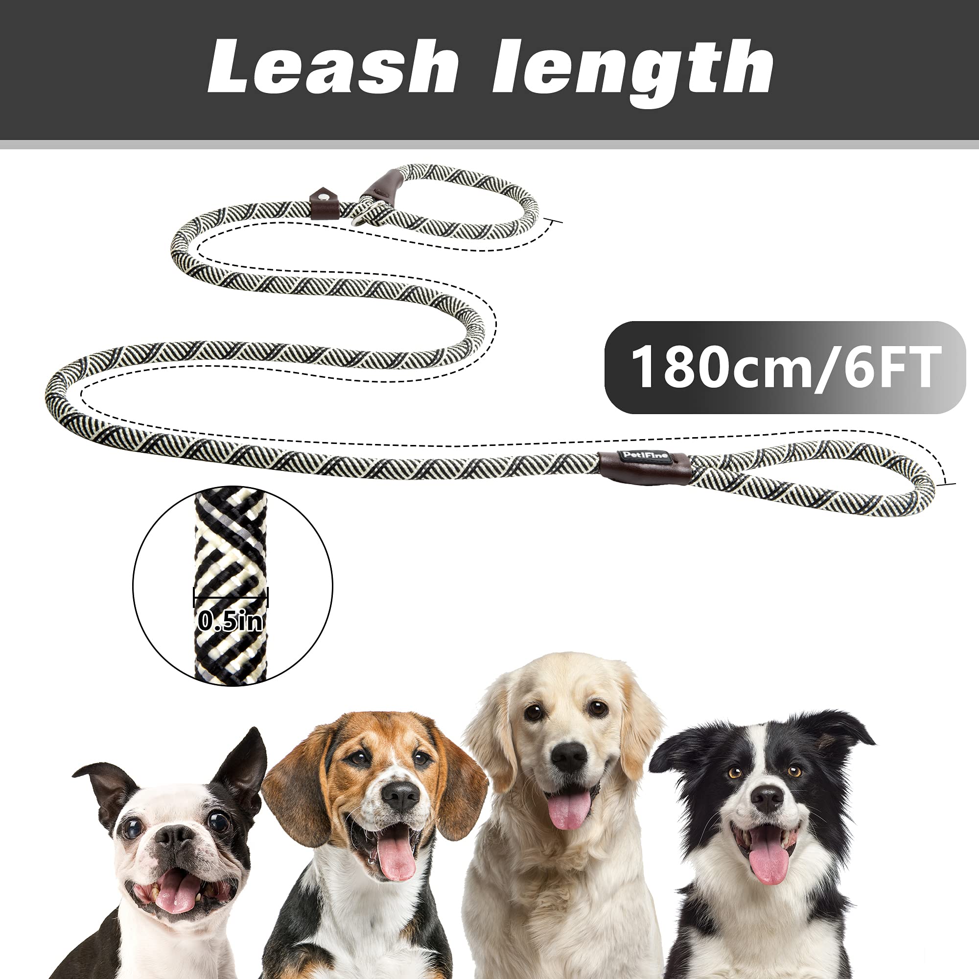 Petifine Slip Lead Dog Leash, Full Reflective Slip Knot Dog Training Leashes, Heavy Duty Adjustable Pet Nylon Slip Loop Leash For Small Medium Large Dogs(Gray)