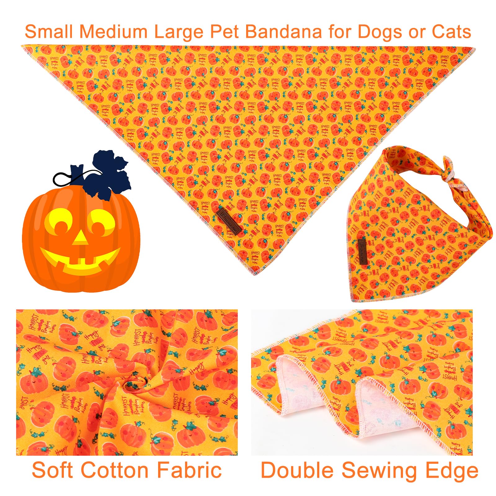 Halloween Pumpkin Dog Bandana, Up Urara Pup Halloween Triangle Bid Scarf With Pumpkin Pattern, Cotton Pet Kerchief For Girl Boy