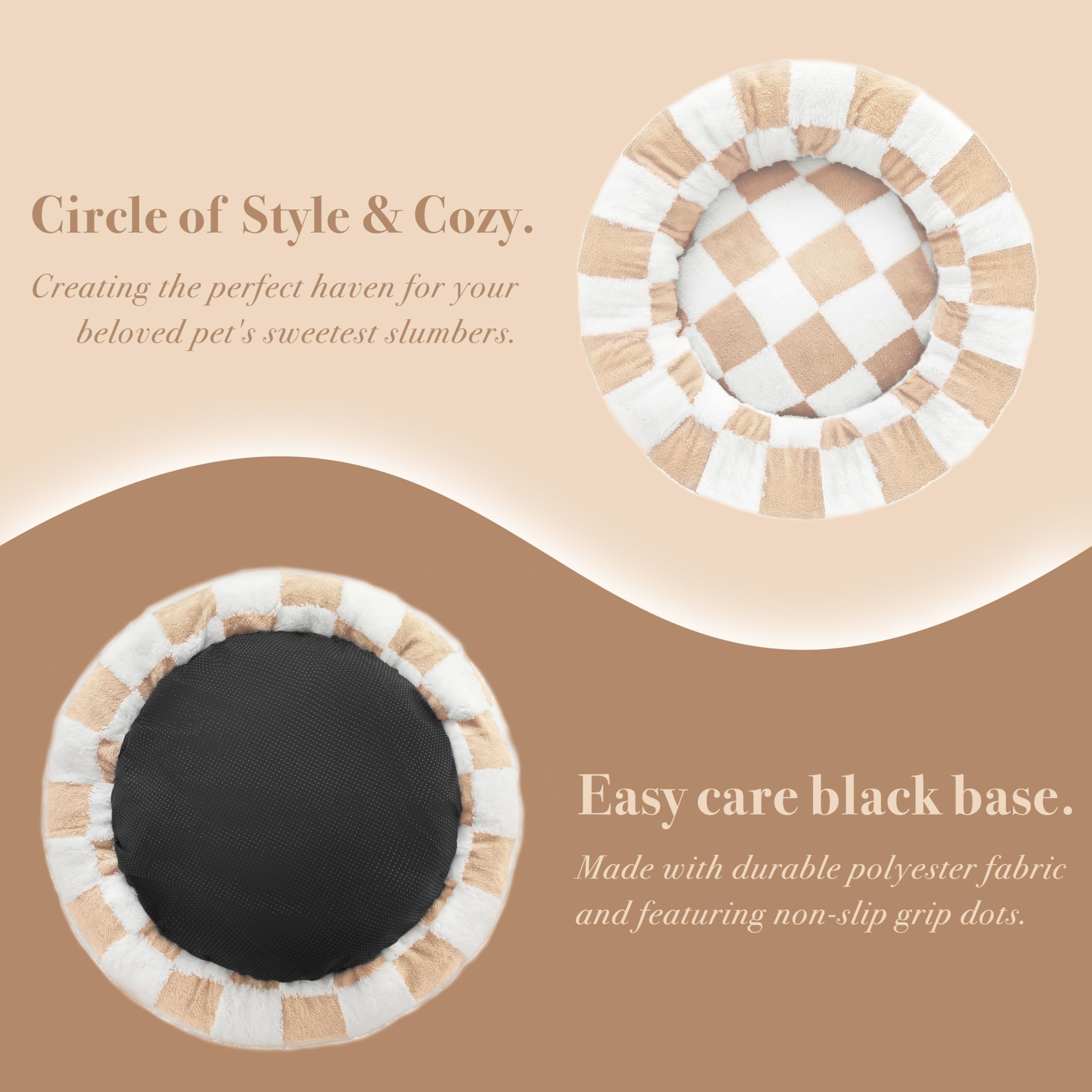 Ohocut Checkered Dog Bed, Cute Beige Khaki Retro Style Aesthetic Round Warming Pet Calming Beds For Small Dog And Cats, Plush Co