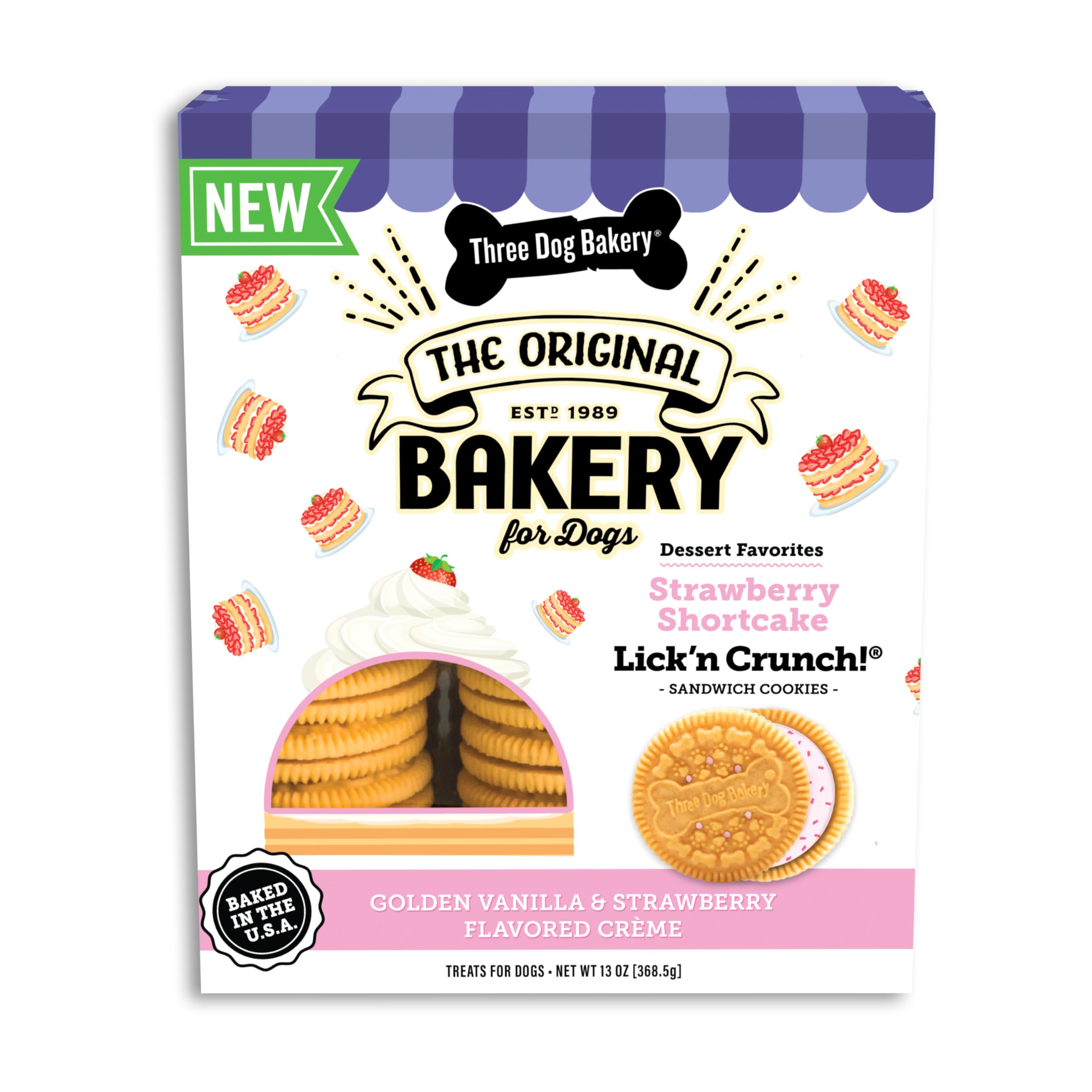 Three Dog Bakery Strawberry Shortcake Lickn Crunch! Sandwich - Puppy Cookies with Lickable Strawberry Cr  me, Bakery Treats, Do