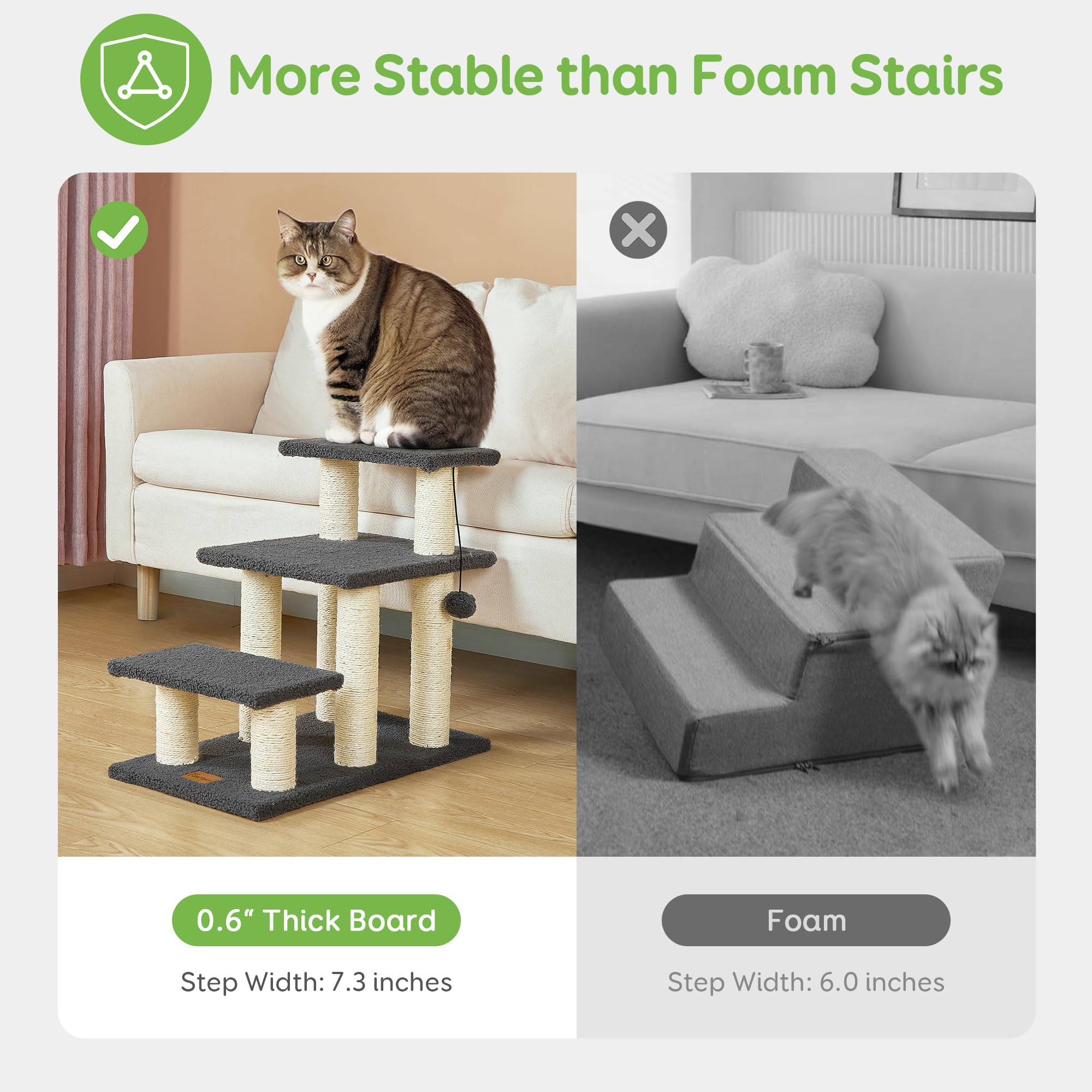 Pawque Dog Stairs & Cat Scratching Post, 3-Steps, Grey, Holds up to 150 lbs, High-Strength Boards for Small Pets