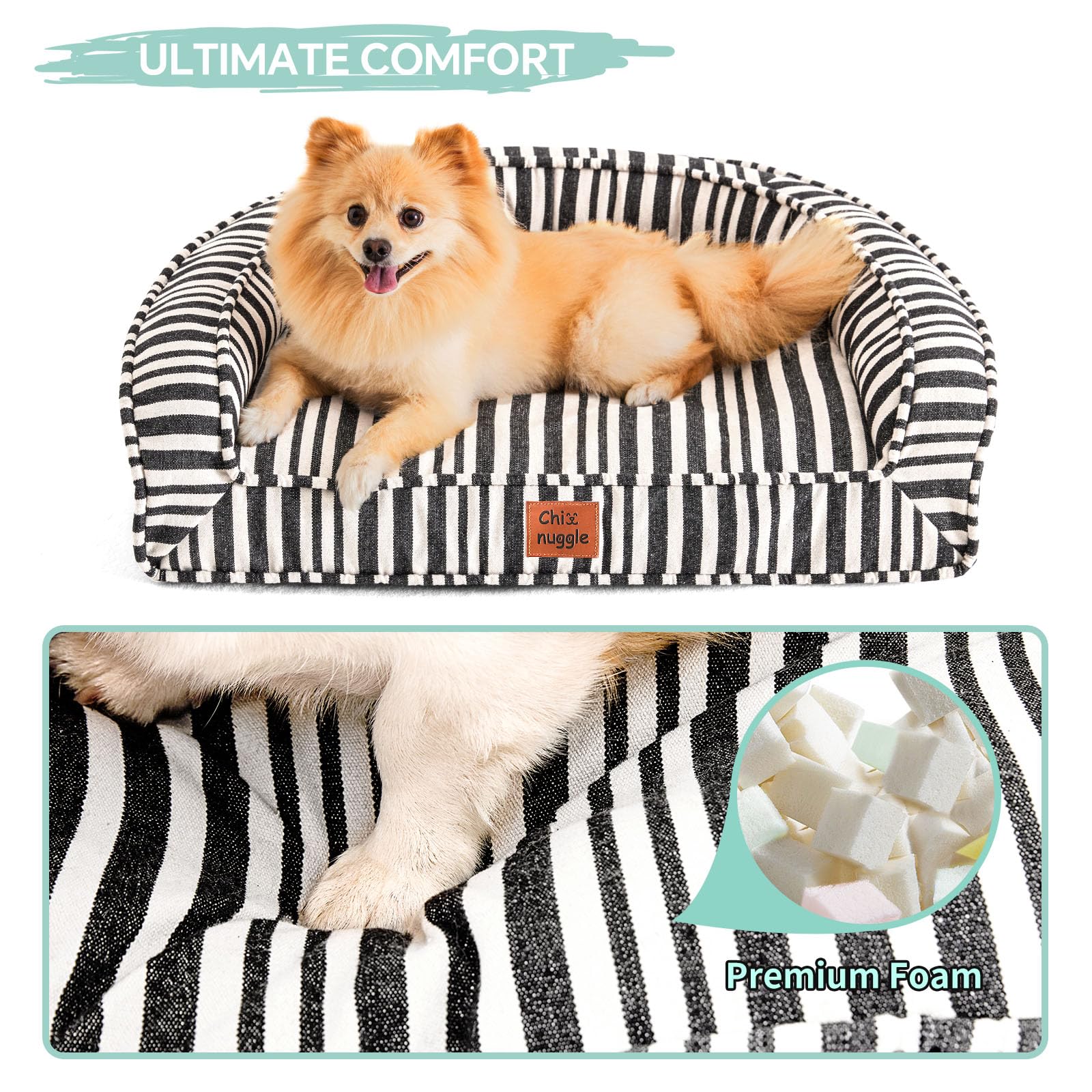 ChiXnuggle Cute Dog Bed for Medium Dogs, Waterproof Canvas Striped Pet Bed with Washable Removable Cover, 28x23x6.5inches (Size