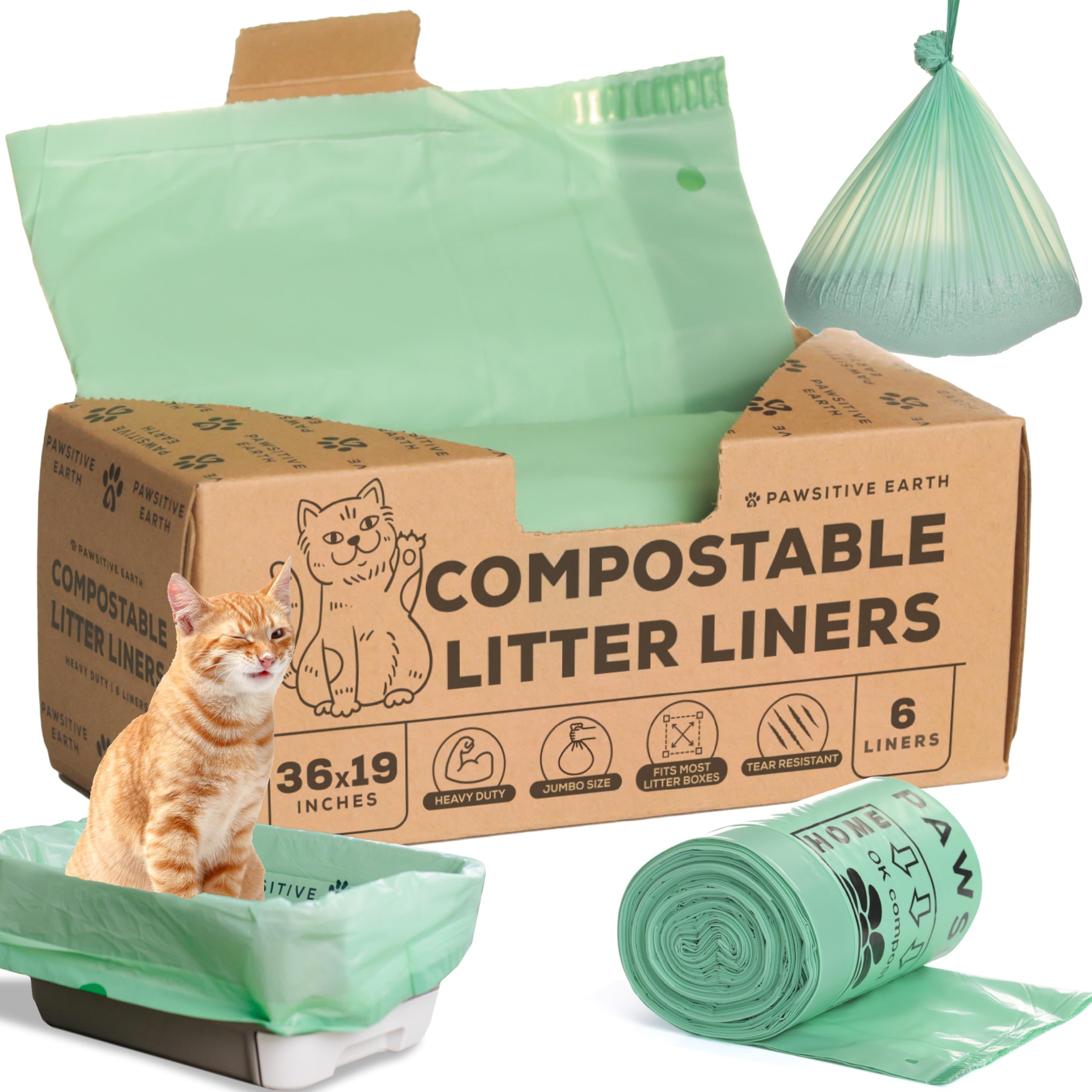 Cat Litter Box Liners 100% Compostable - Drawstring Close - 6 Count - Jumbo Size 36' X 19' - Tear & Leak Resistant - Ok Compos