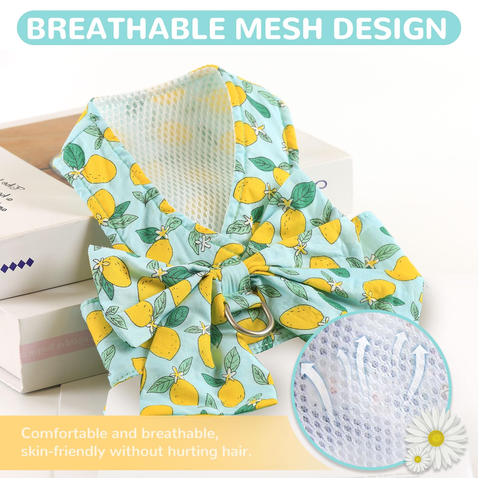 Baejmjk Dog Harness And Leash Set With Bow Knot No Pull Pet Daisy Floral Harness With D-Ring Soft Mesh Dog Harness Vest Set Esca