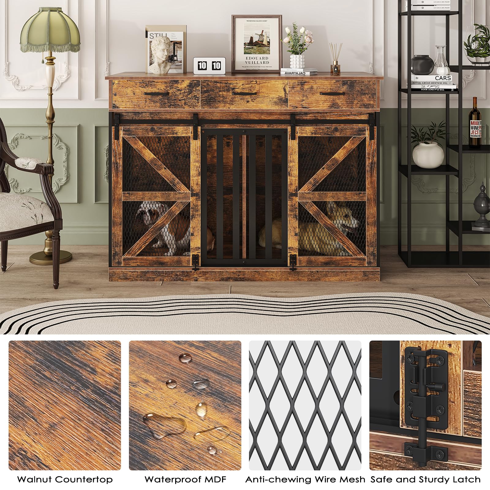 Saudism 2-in-1 Farmhouse Dog Crate Furniture - Wooden Large Dog Kennel with Drawers Storage - Double Doors - Indoor TV Stand - I