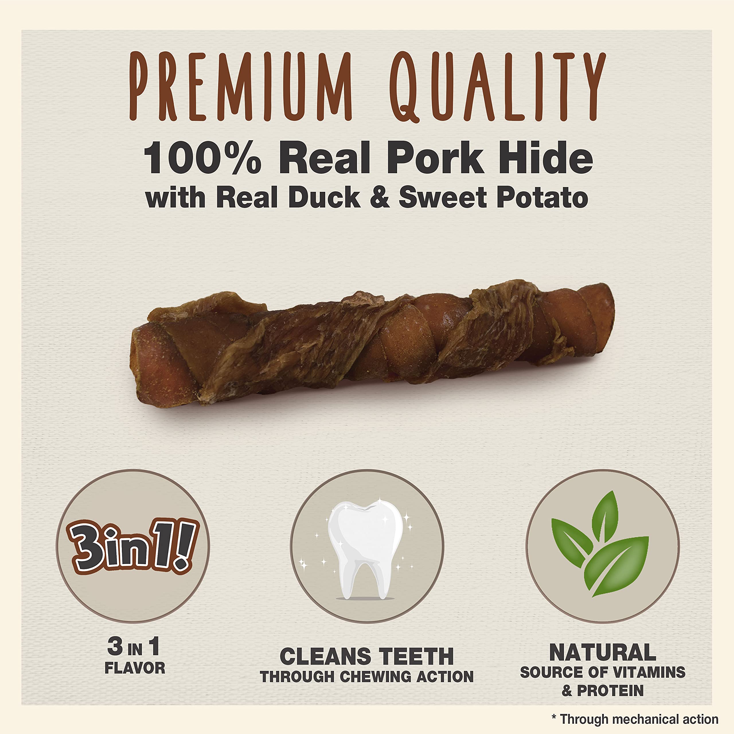Cadet Gourmet Triple Chews Pork Hide, Sweet Potato, & Duck Dog Treats - Healthy Dog Treats for Small & Large Dogs - Inspected &