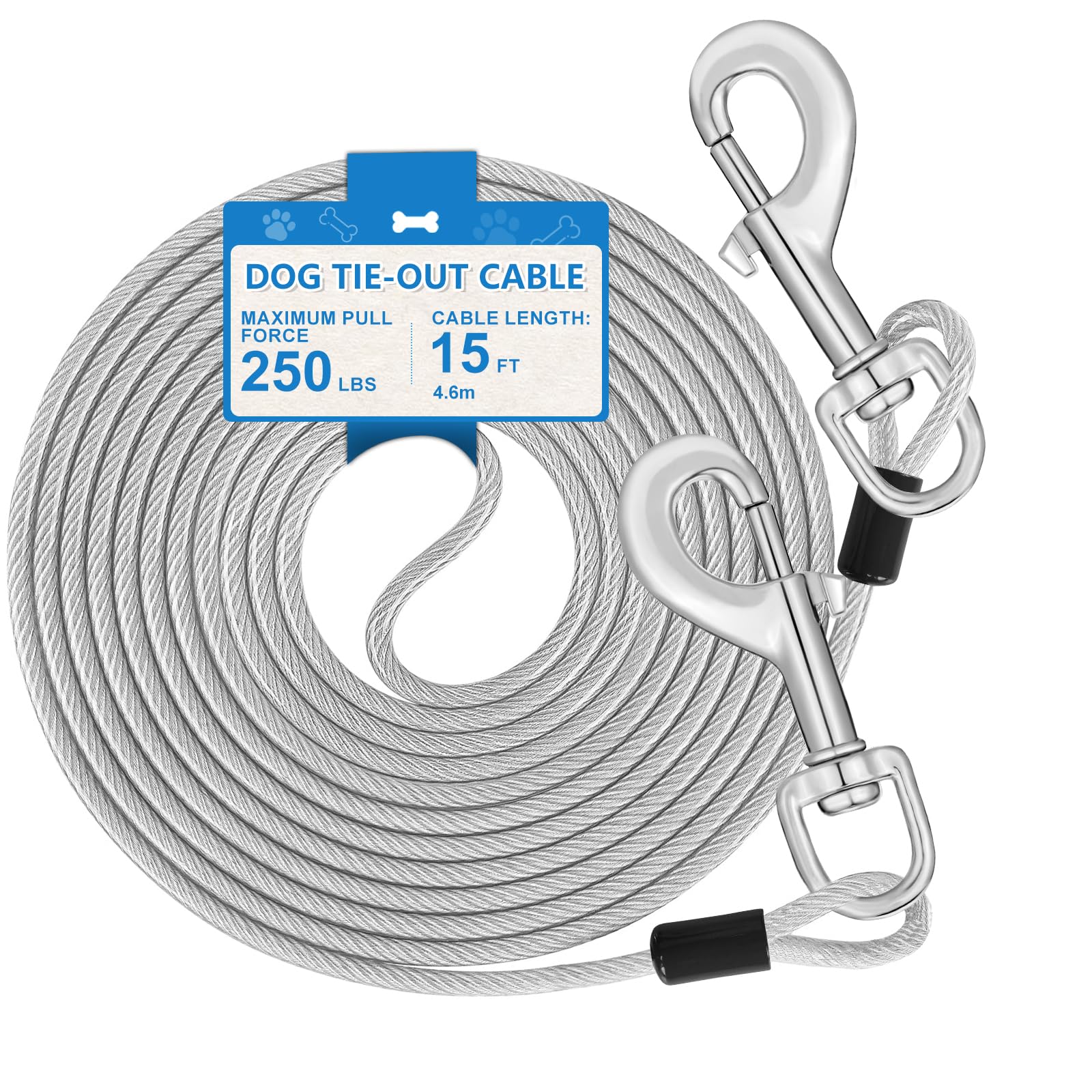 15Ft Tie Out Cable For Large Dogs Up To 250 Pounds Heavy Duty, Dog Runner For Yard And Camping, Silver