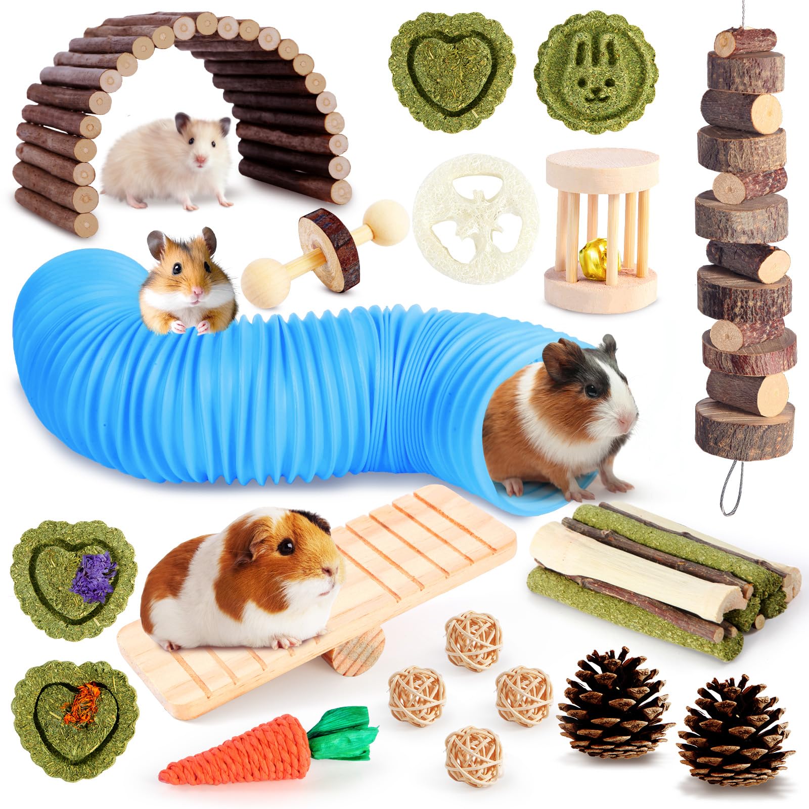 Kyouki Hamster Toys Guinea Pig Toys Set With Tunnel, Chewable Apple Wood & Natural Timothy Hay - Enrichment Chew Toys For Small 