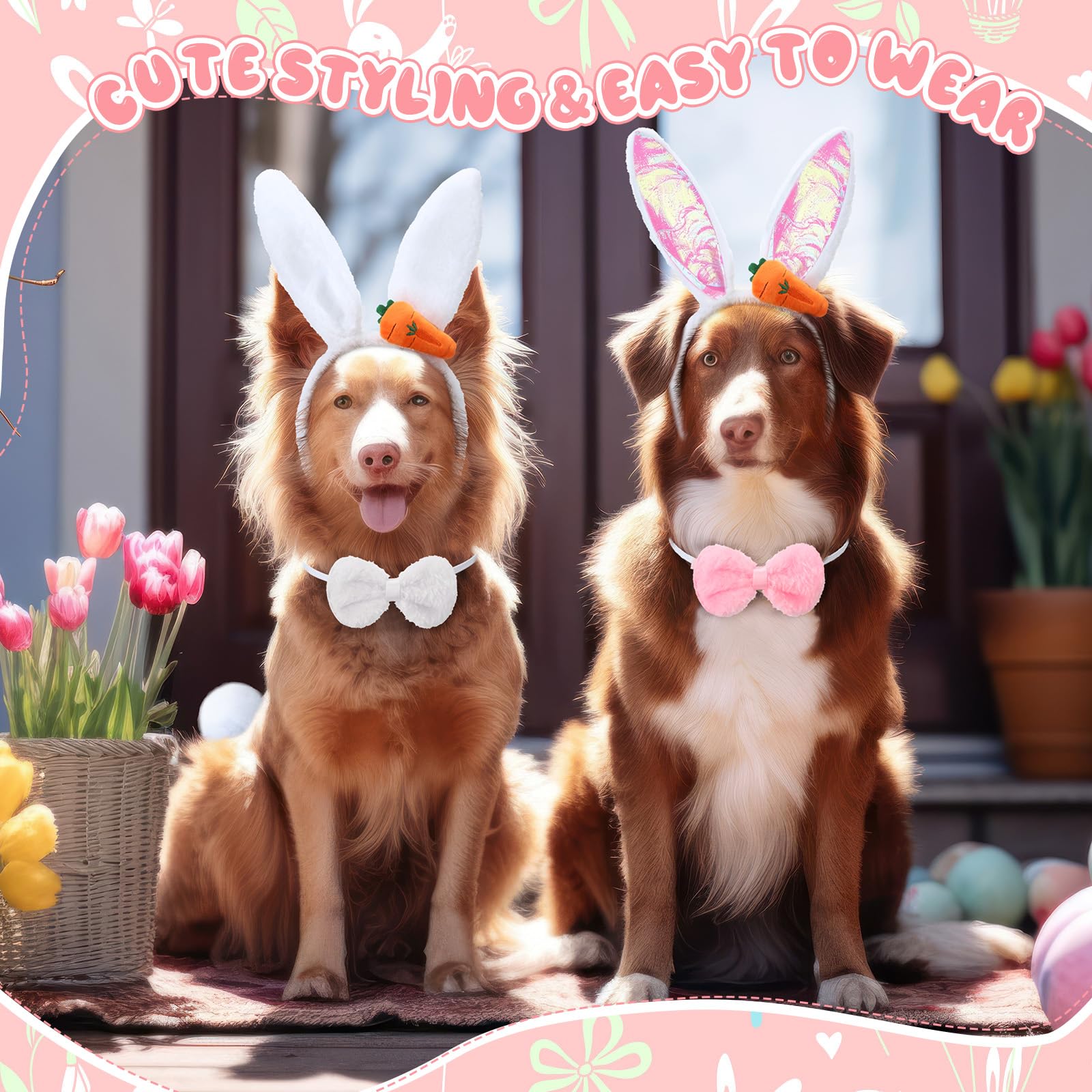 Weewooday 3 Set Dog Bunny Ears Easter Costume, Dog Headband Cat Rabbit Ear Hat Cute Pet Bow Collar Puppy Plush Tail For Pet East