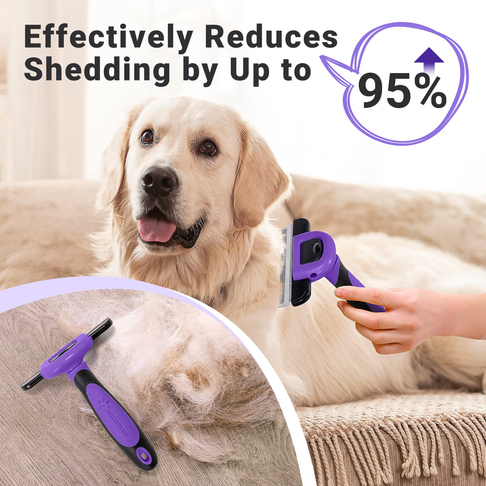 Miu Color Pet Grooming Brush, Deshedding Tool For Dogs & Cats, Effectively Reduces Shedding By Up To 95% For Short Medium And Long Pet Hair, Purple