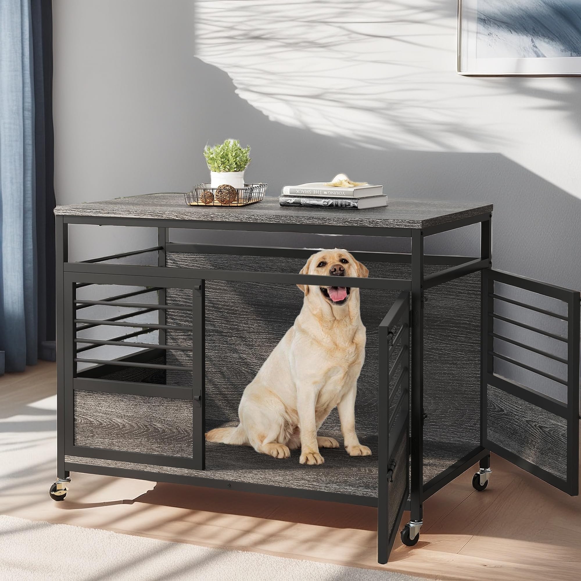 YITAHOME 39 Dog Crate Furniture with Wheels, Farmhouse Decorative Wood Dog Cage End Table Chew-Resistant Wooden Dog Kennel Indoo