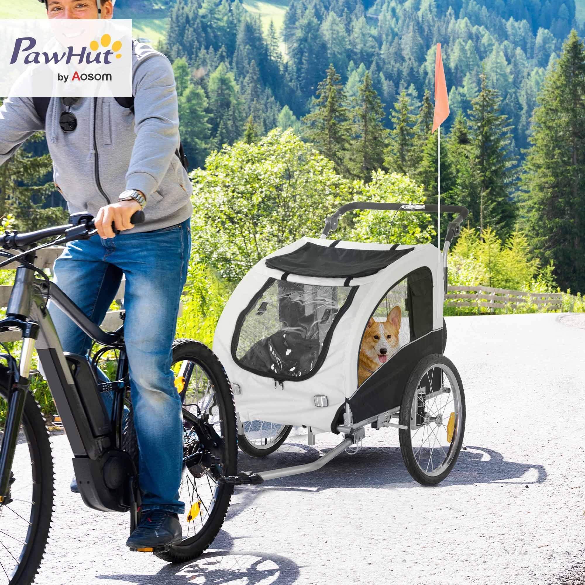 Aosom Dog Bike Trailer 2-in-1 Pet Stroller with Canopy and Storage Pockets, White