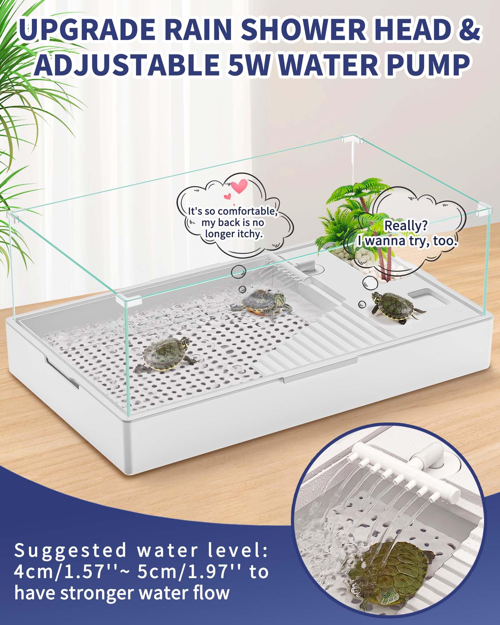 Moonorange Large Turtle Tank (Tank + Water Pump), Acrylic Turtle Tank Starter Kit With Upgrade Rain Shower Head, Adjustable 5W W