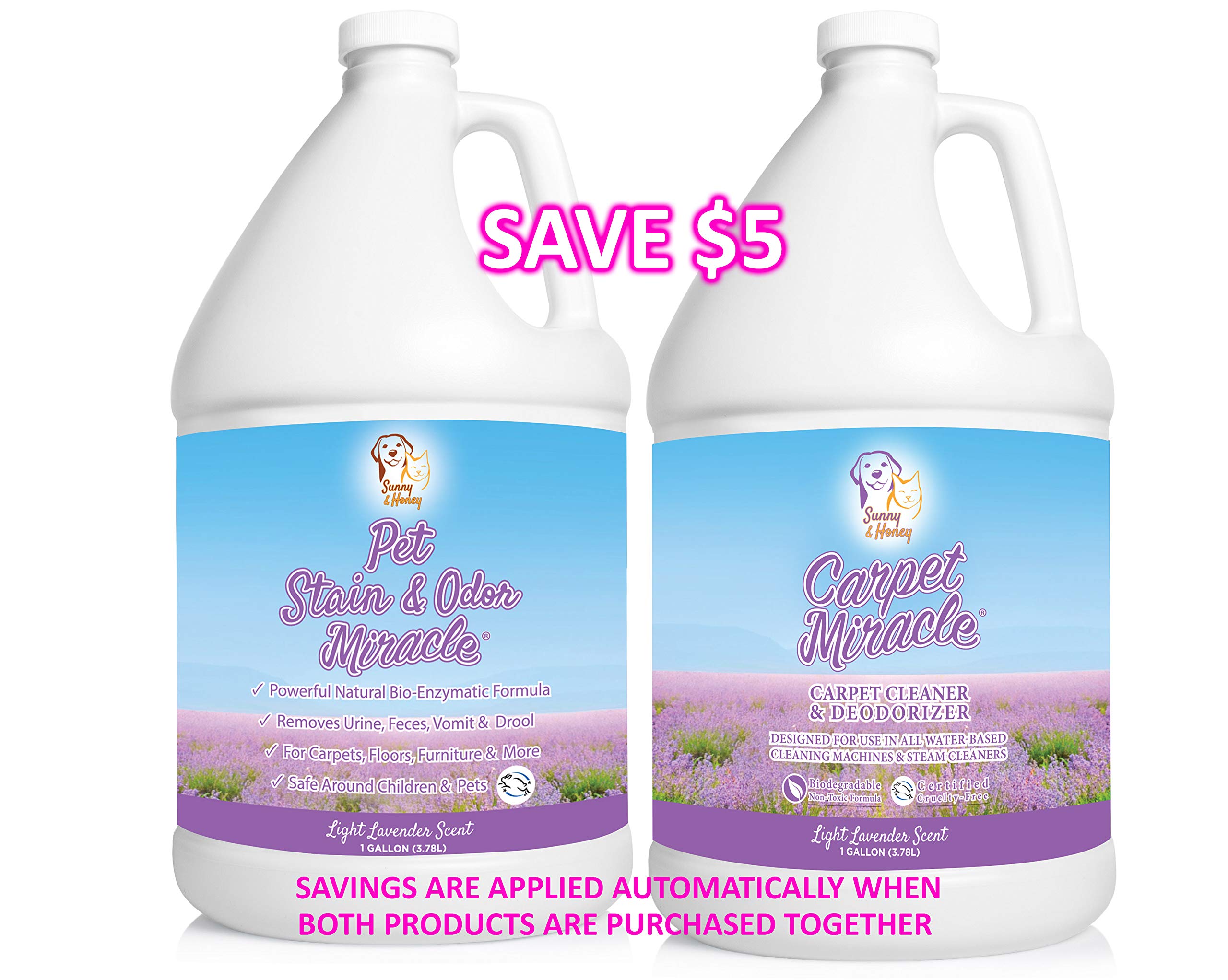 Sunny & Honey Pet Stain & Odor Miracle - Enzyme Cleaner For Dog And Cat Urine, Feces, Vomit, Drool (Light Lavender Scent, 1 Gallon)