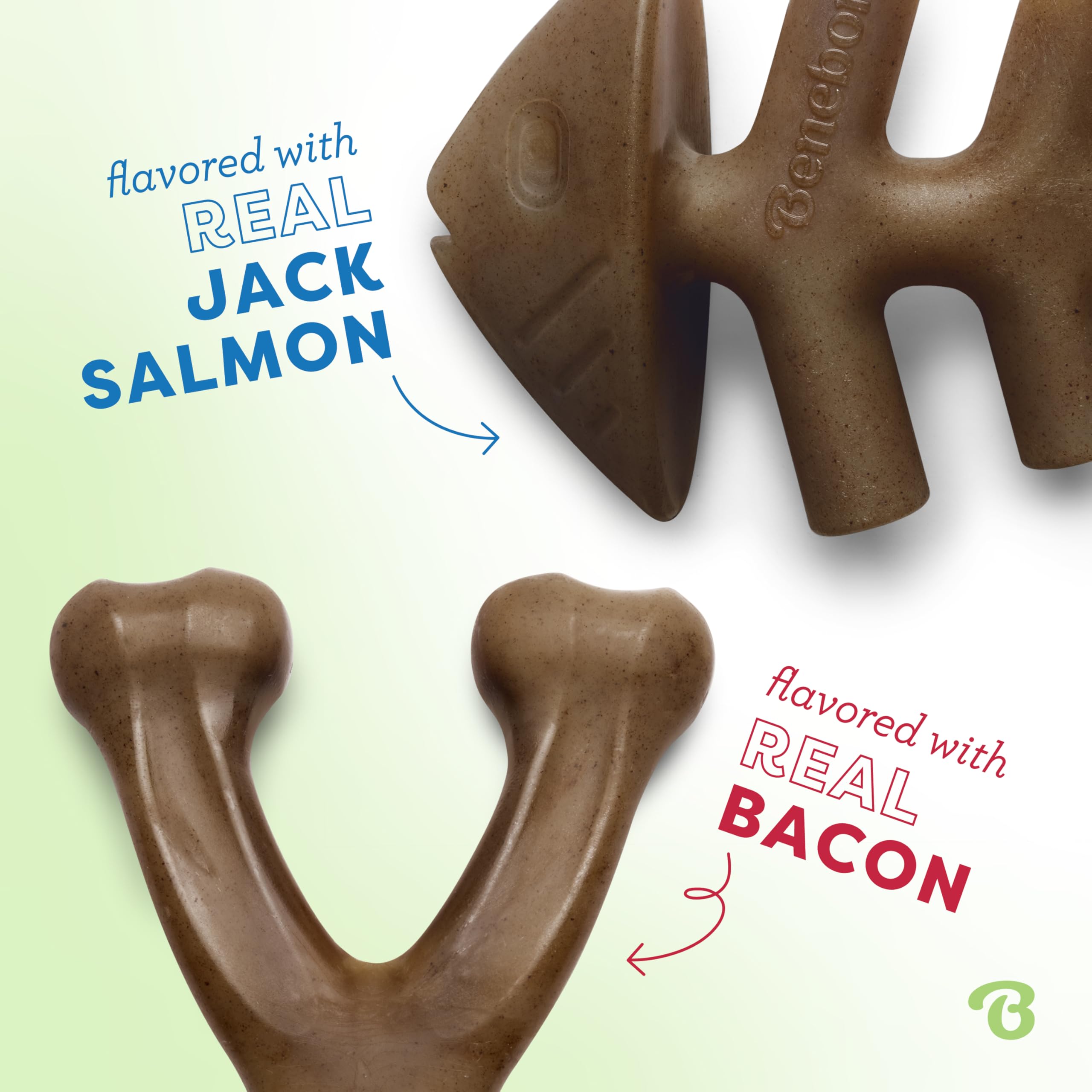 Benebone 2-Pack Fishbone/Wishbone Durable Dog Chew Toys, Real Fish, Real Bacon, Made In Usa, Medium