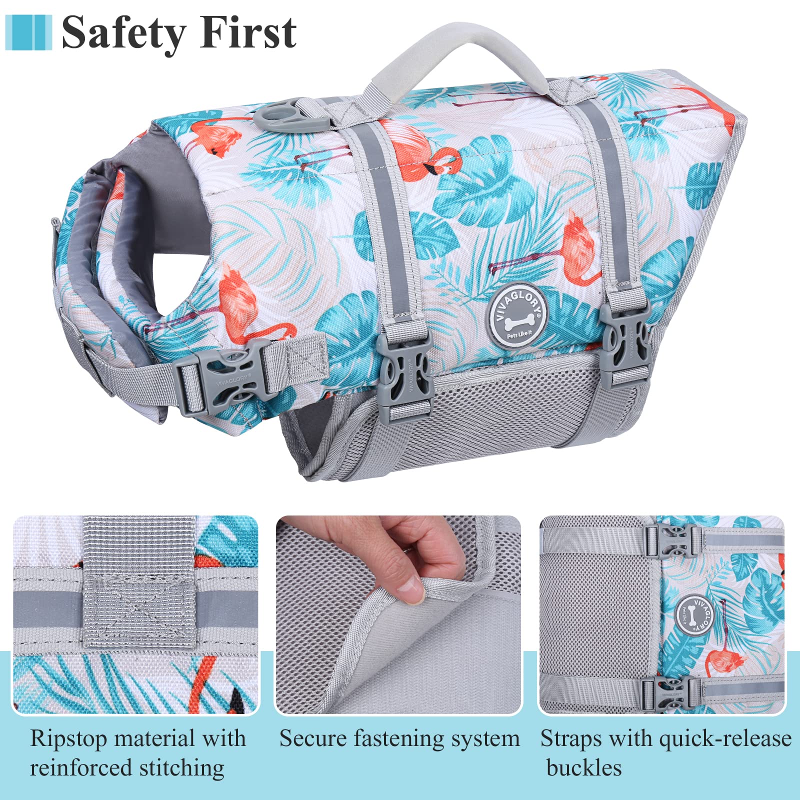 Vivaglory Ripstop Dog Life Jacket For Boating, Dog Swimming Vest Enhanced Visibility Safety And Buoyancy, Leaves Blue, M
