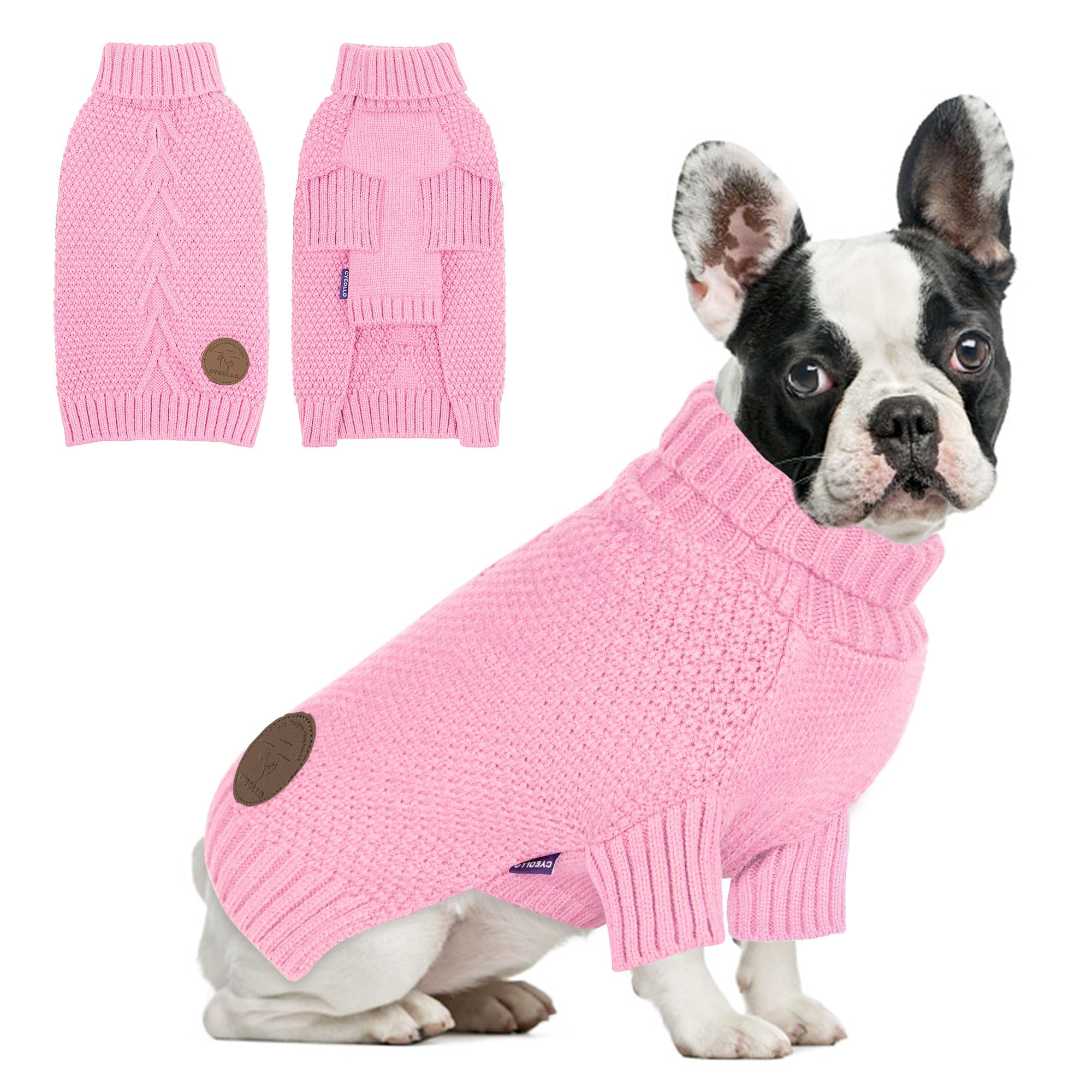cyeollo Dog Sweater Warm Turtleneck Knitwear Pullover Sweaters with Leash Hole Soft Winter Dog Clothes Sweaters for Dogs,Pink, L