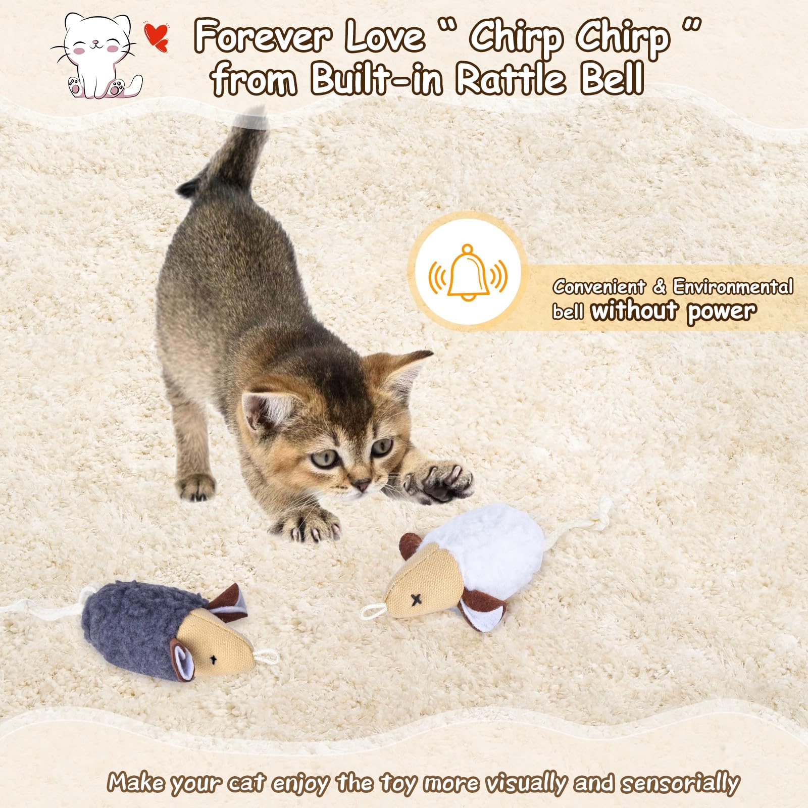 Orsda Cat Toys, Cat Mouse Toy For Indoor Cats, Replacement Cat Teaser Toys, Interative Cat Toy For Cats With Bell, Cat Feather T