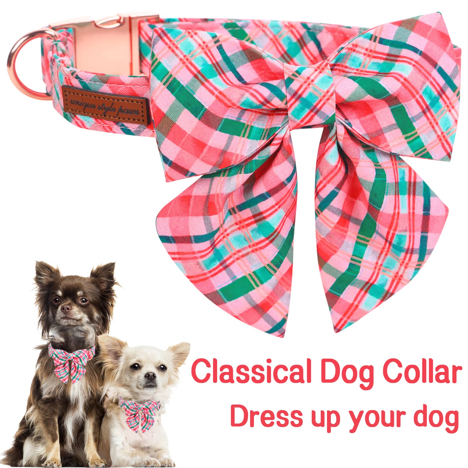 Unique Style Paws Dog Collar With Tie Pink & Green Plaid Dog Collar Best Gifts For Small Medium Large Dogs -S