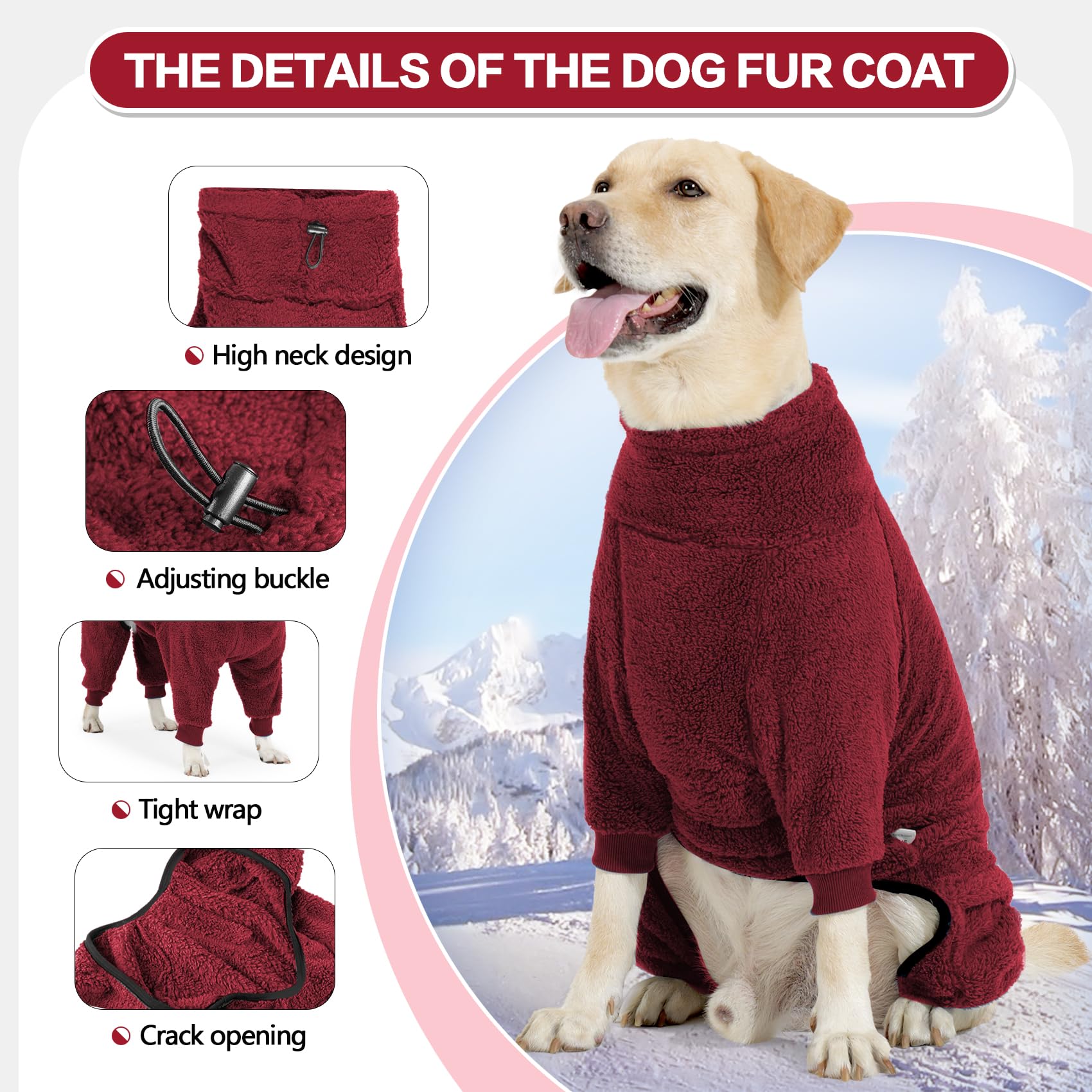 Pinellia Dog Winter Coat - Warm Fleece Jacket, Windproof Pullover, Full Body Pajamas Onesie For Medium Large Dogs (Small, Red)