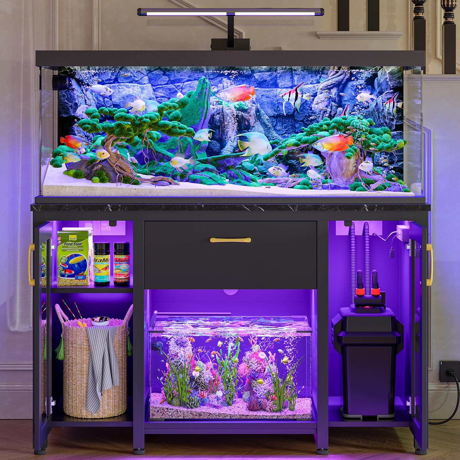 Bestier 55-75 Gallon Fish Tank Stand with Power Outlet & LED Light, 49.2x19.2 Heavy-Duty Aquarium Stand with Storage, Dual Glass