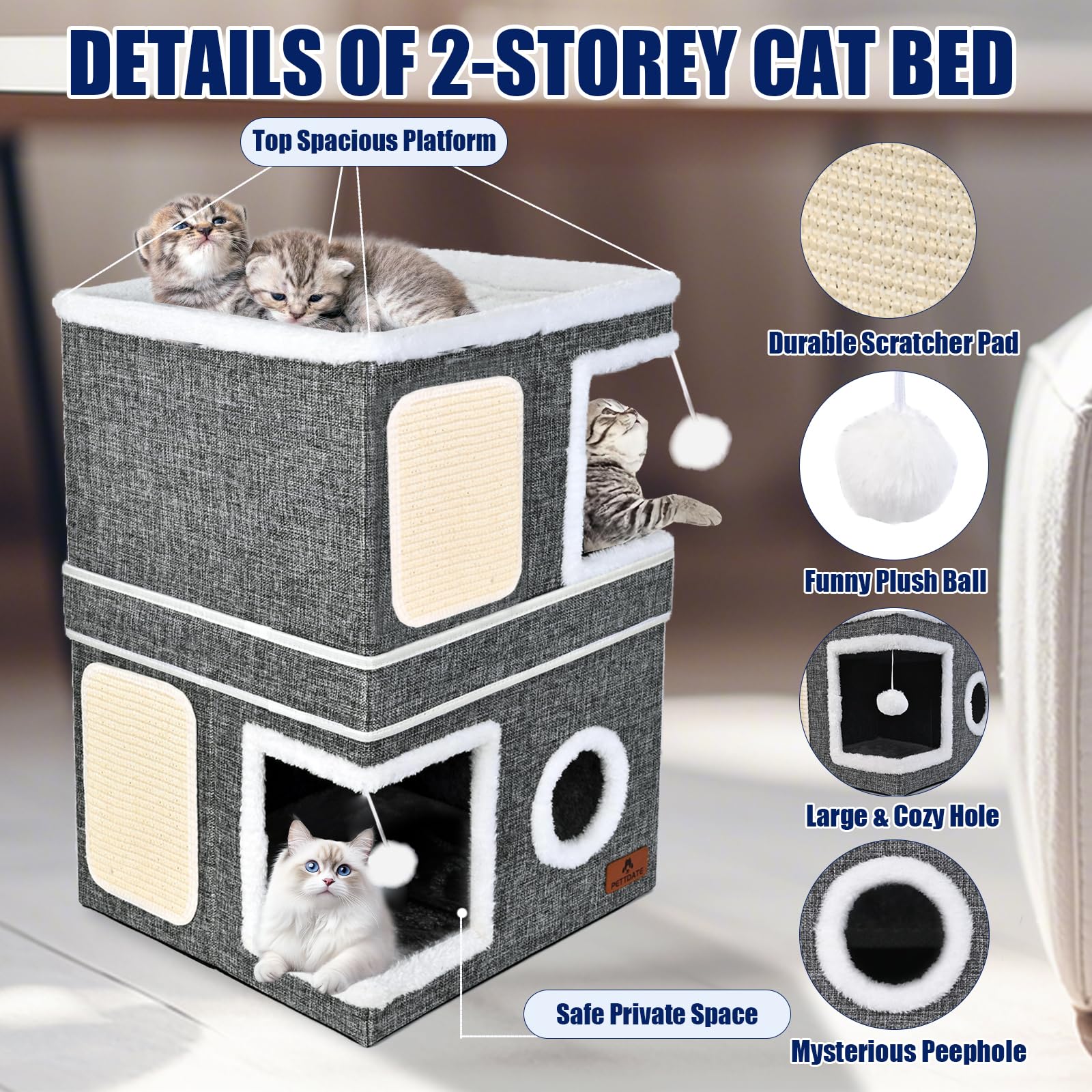 2-Story Cat House For Indoor Cats, Dual-Purpose Cave Bed With Scratch Pad And Fluffy Ball, Foldable Cat Hideaway, Cute Condo Fur