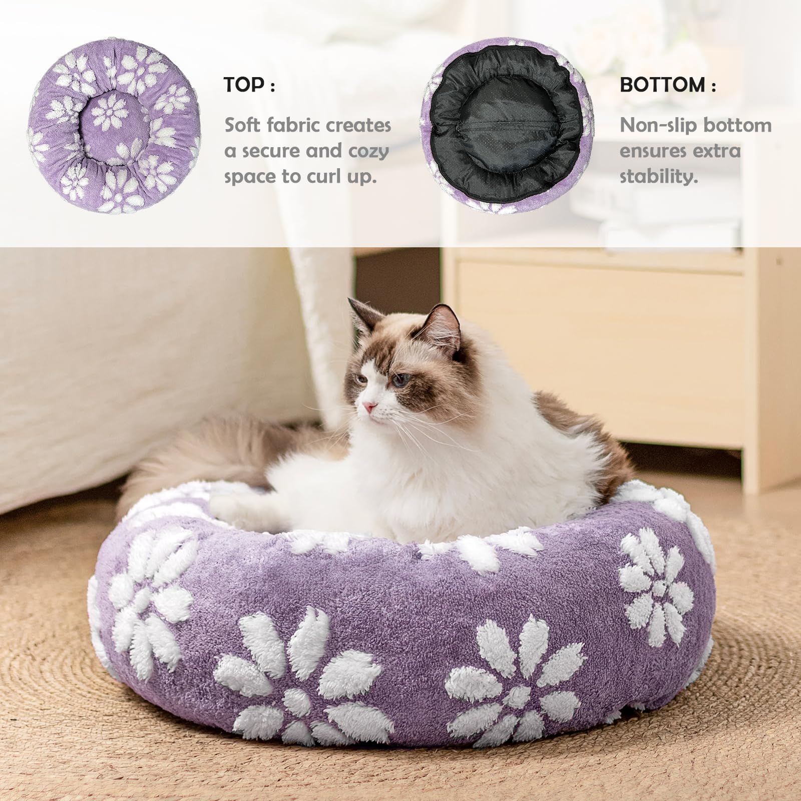 Yaning Donut Dog Beds For Small Dogs, Calming Round Cat Beds For Indoor Cats, Cute 3D Textured Flower Pet Bed With Removable Was
